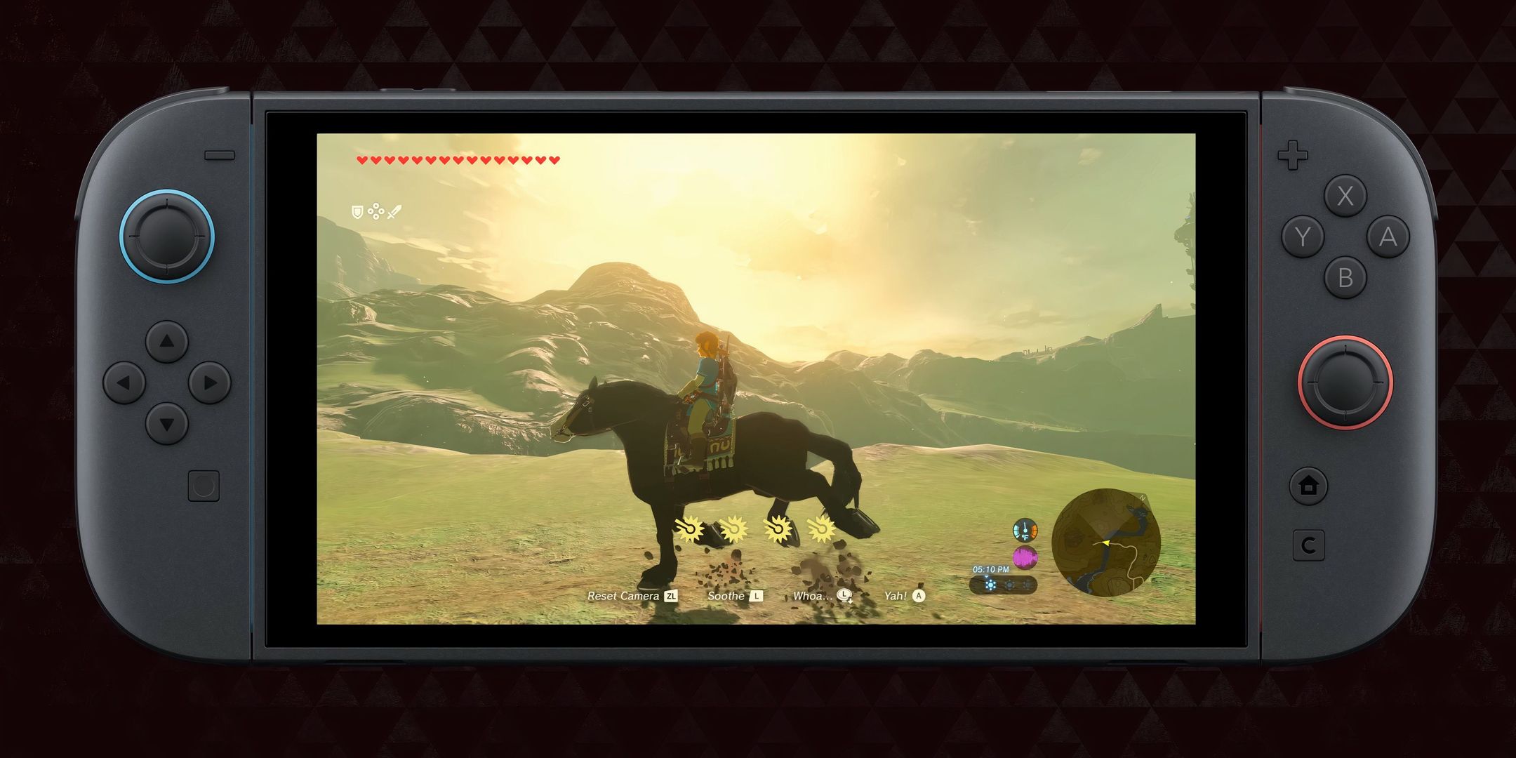 Breath of the Wild running on a Nintendo Switch 2, over a background of brown Tri-force symbols.