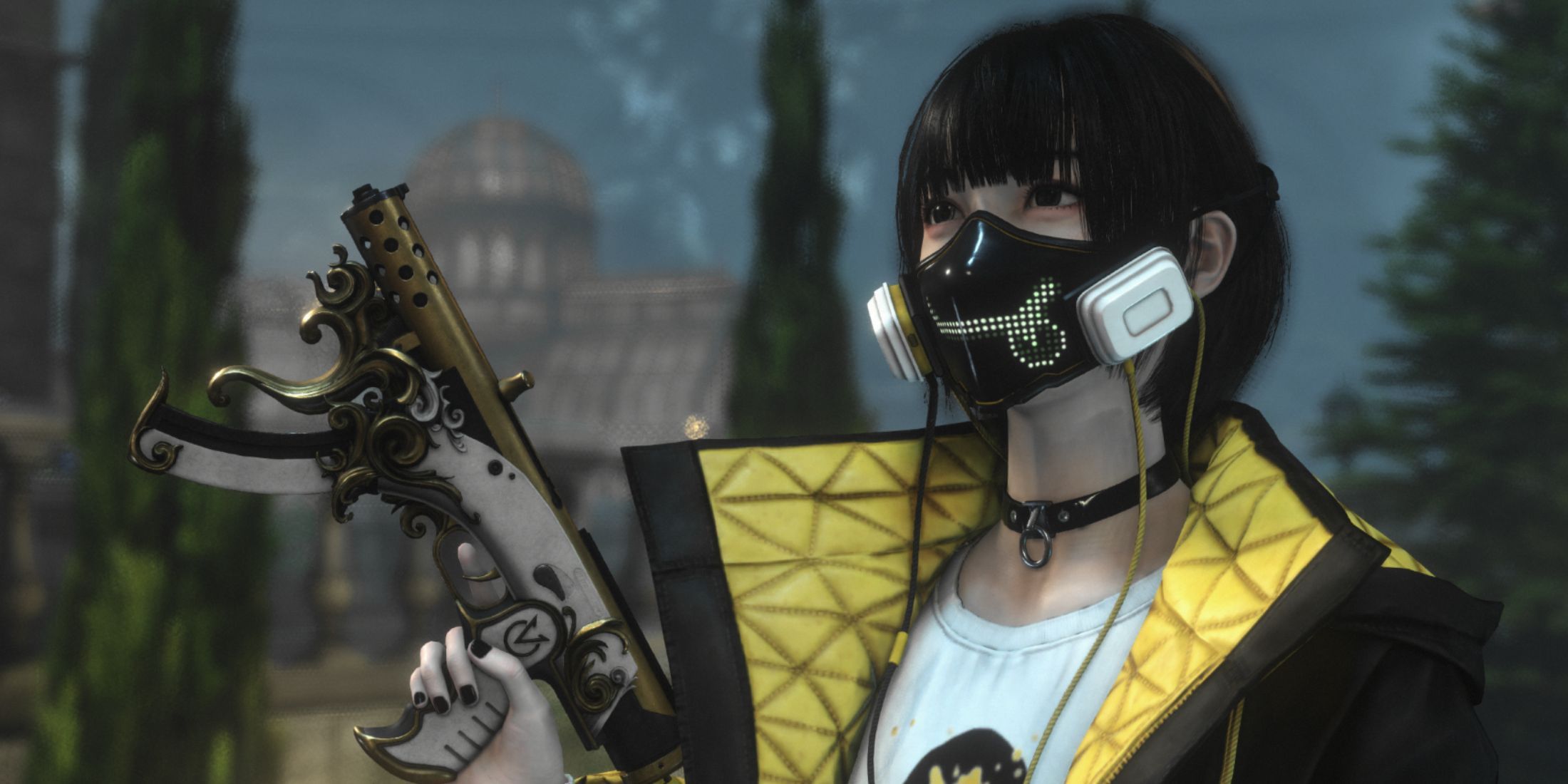 Character holding a gun up close in Killer Inn.