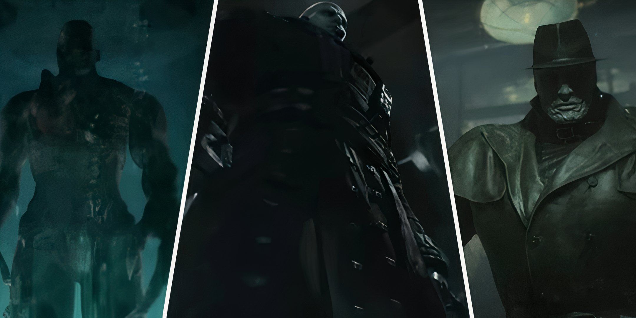 The Tyrant from Resident Evil Remake, Mr X from Resident Evil 2 Remake, and the Goliath Tyrants from Resident Evil Damnation.