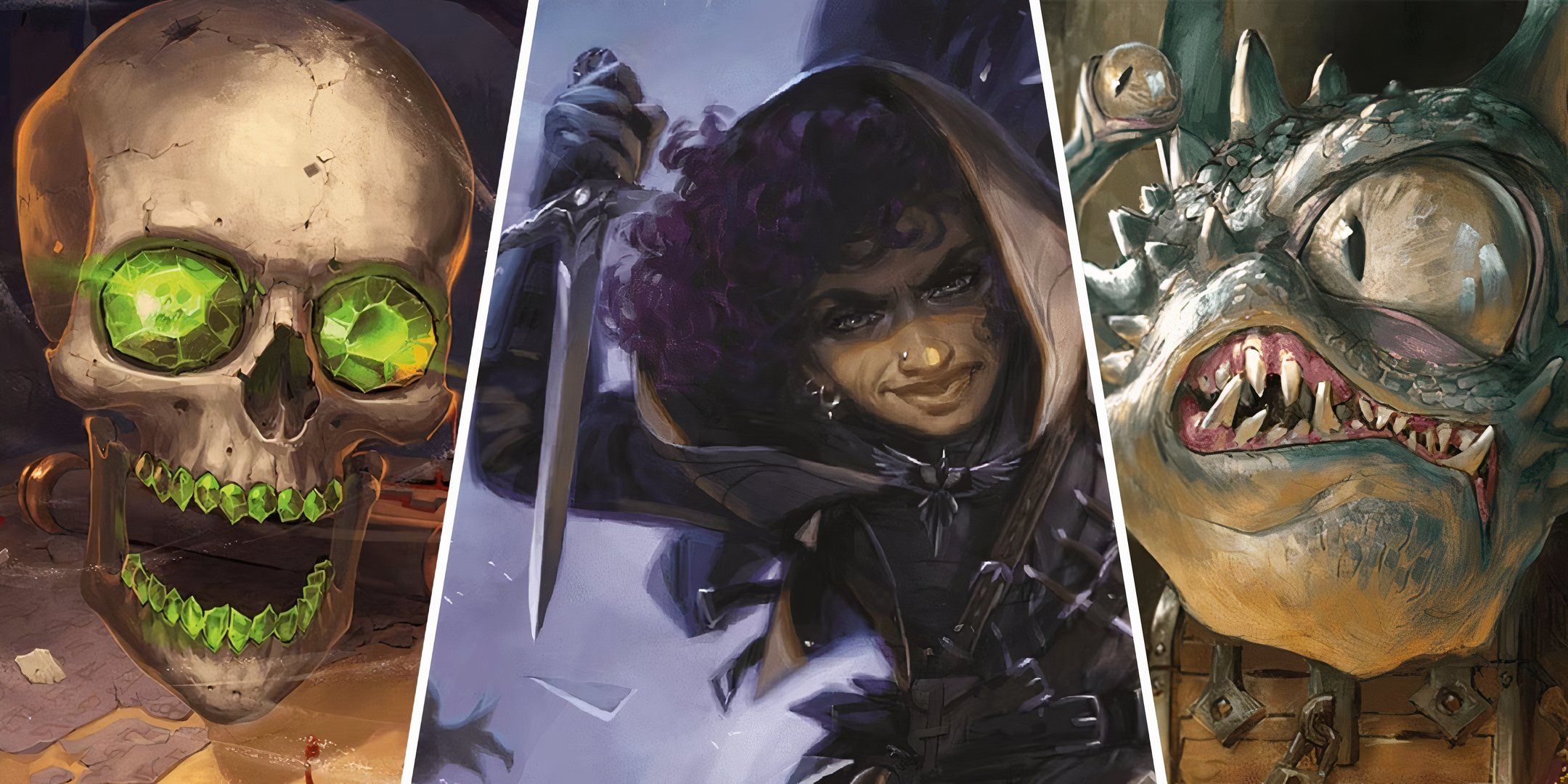 split image featuring a demilich, a rogue, and beholder from DND.