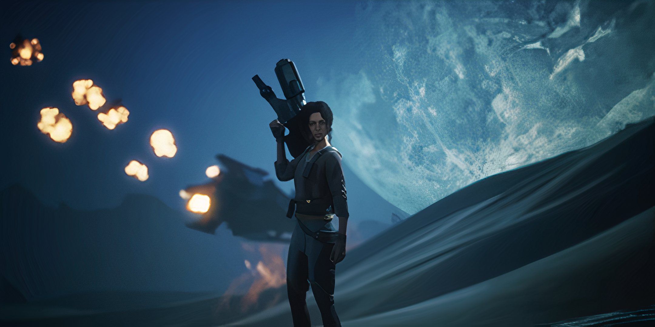 Dune awakening character holding up a gun as a craft crashes behind them.