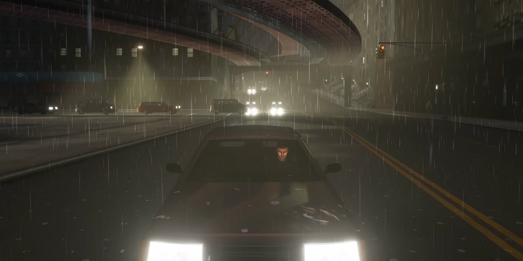 GTA 3 protagonist driving a car through a rainy city.
