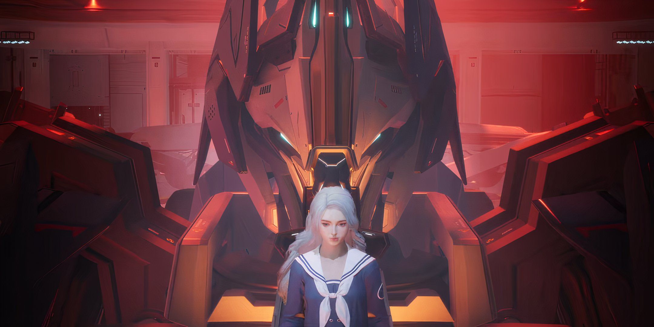 blonde haired woman sitting down in front of a giant mech head in mecha break.