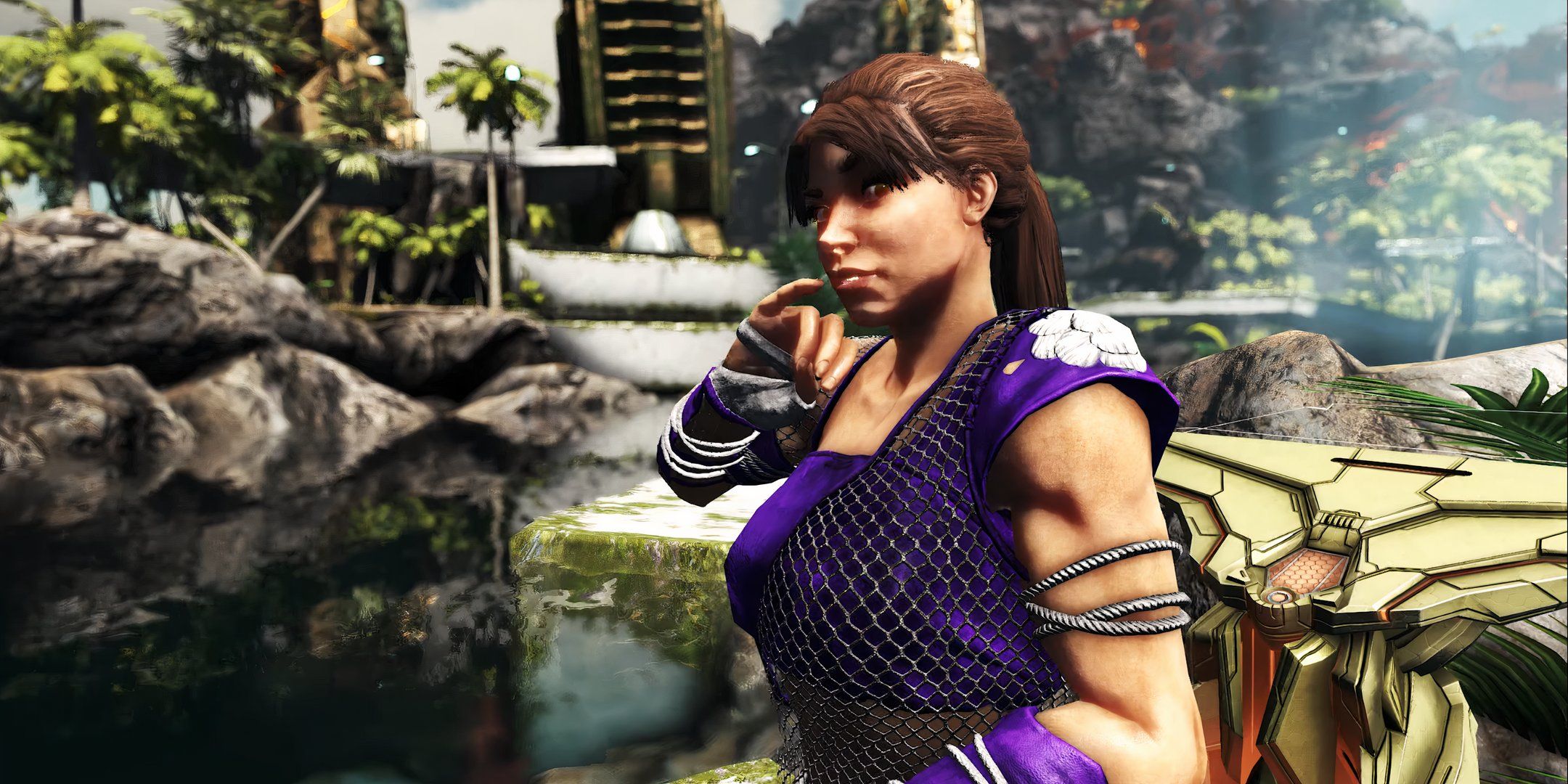 Ark character holding a finger to their face.