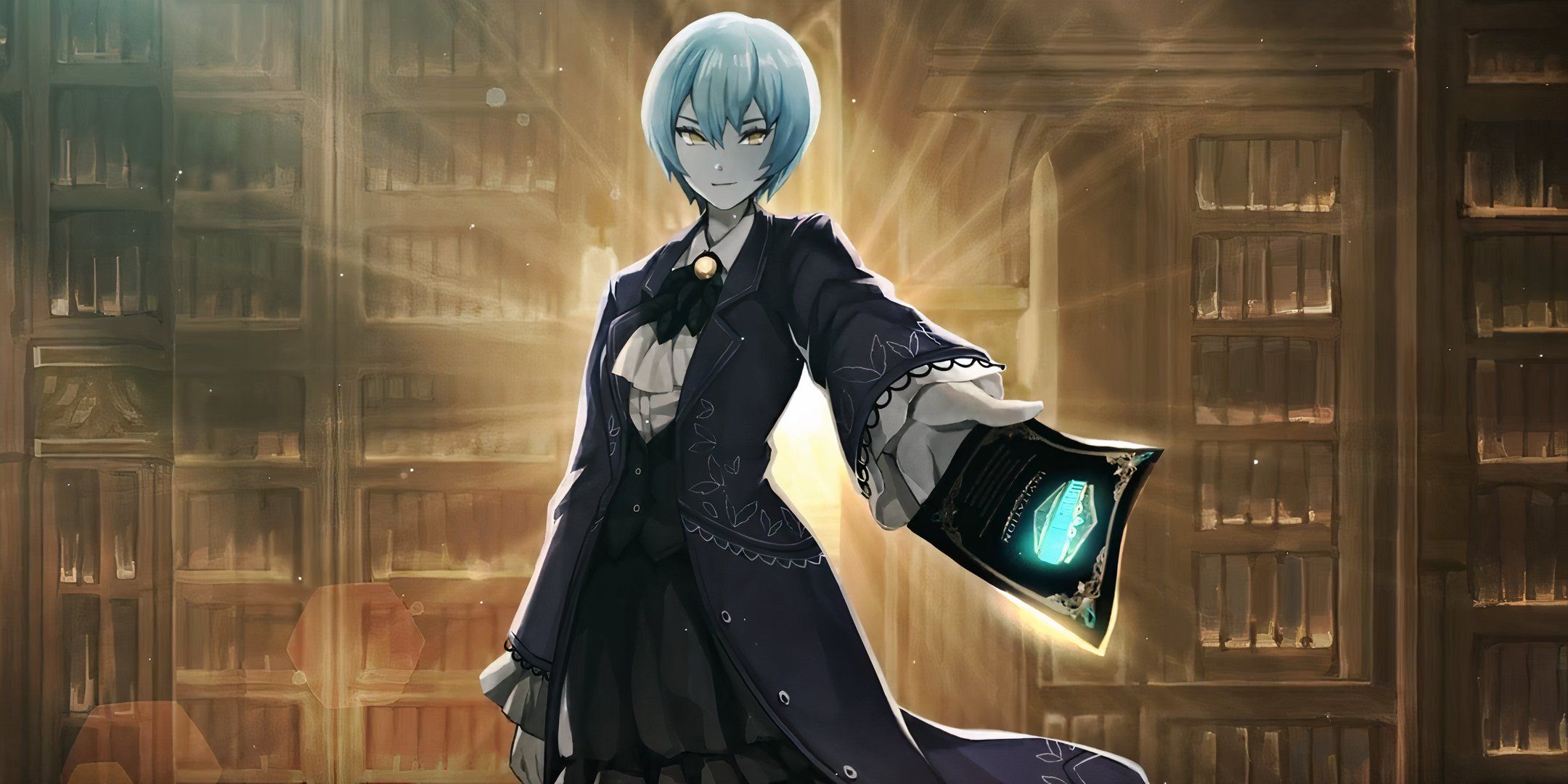 light blue haired limbus company character holding out a book.
