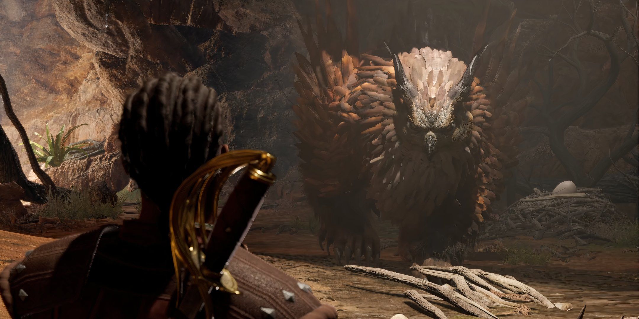 Wyll staring at the owlbear in baldur's gate 3.