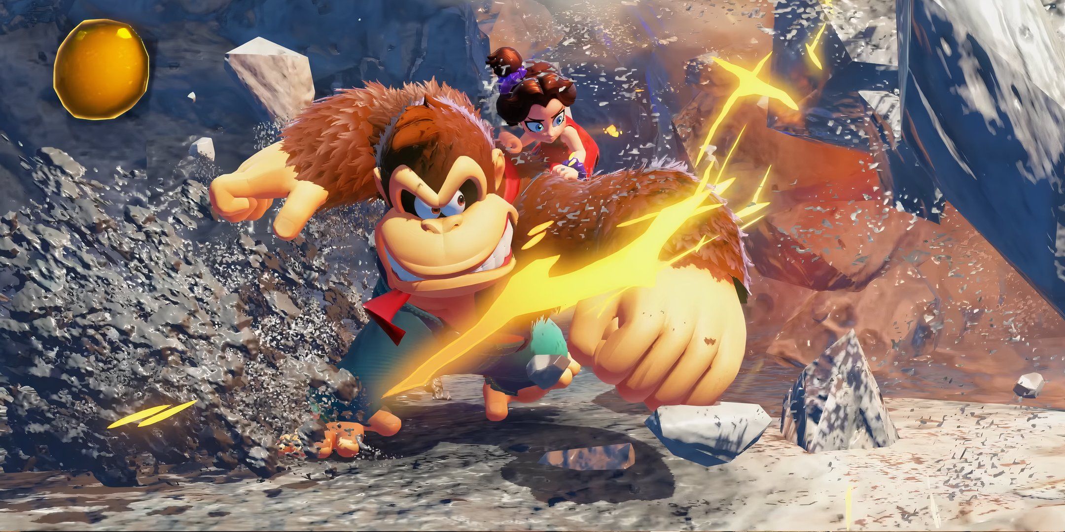 donkey kong punching through rocks with pauline on his back.