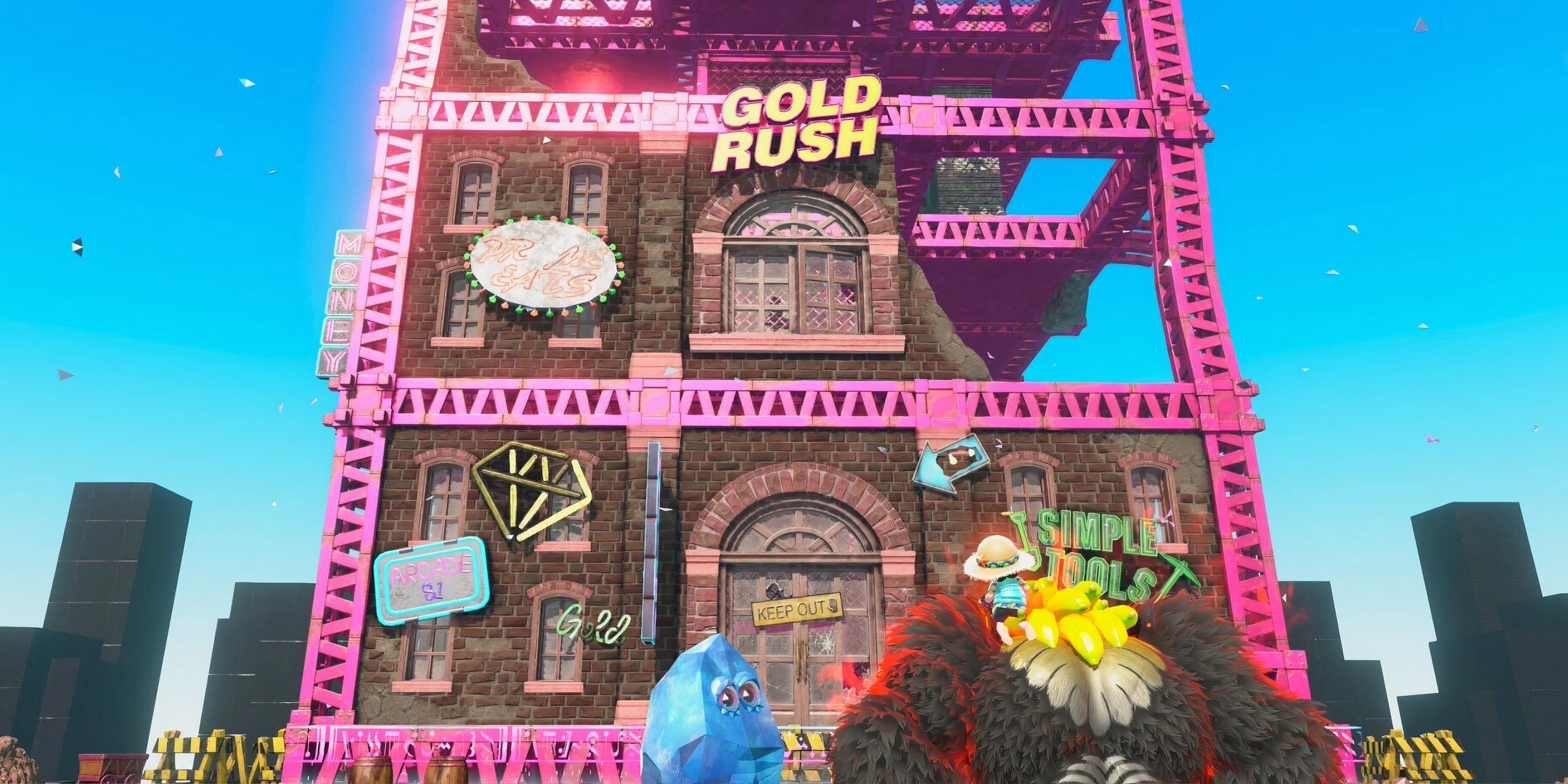 donkey kong and pauline looking at the gold rush building in bananza.