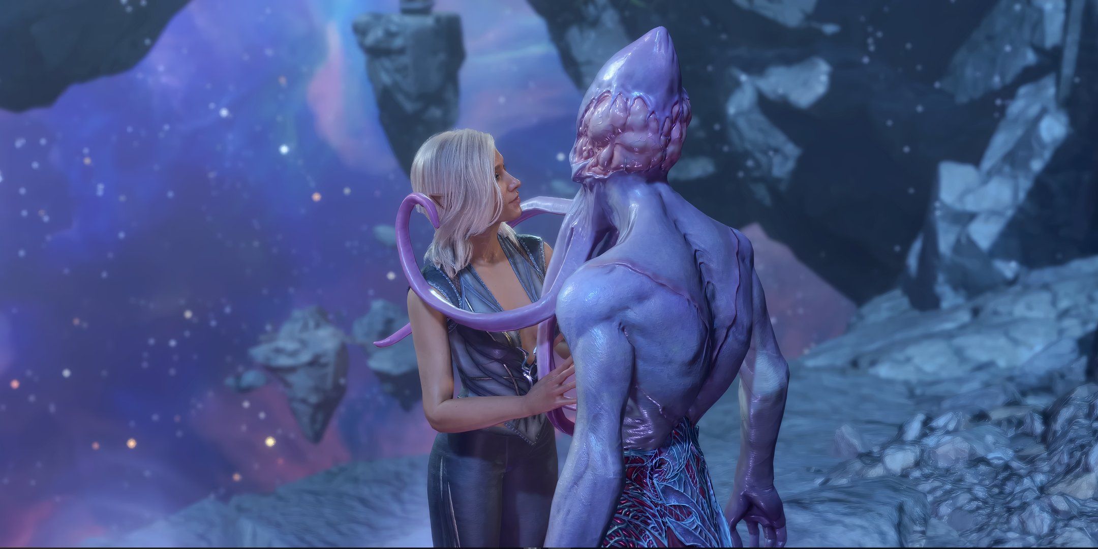 A blonde Baldur's Gate 3 tav romancing the mind flayer.