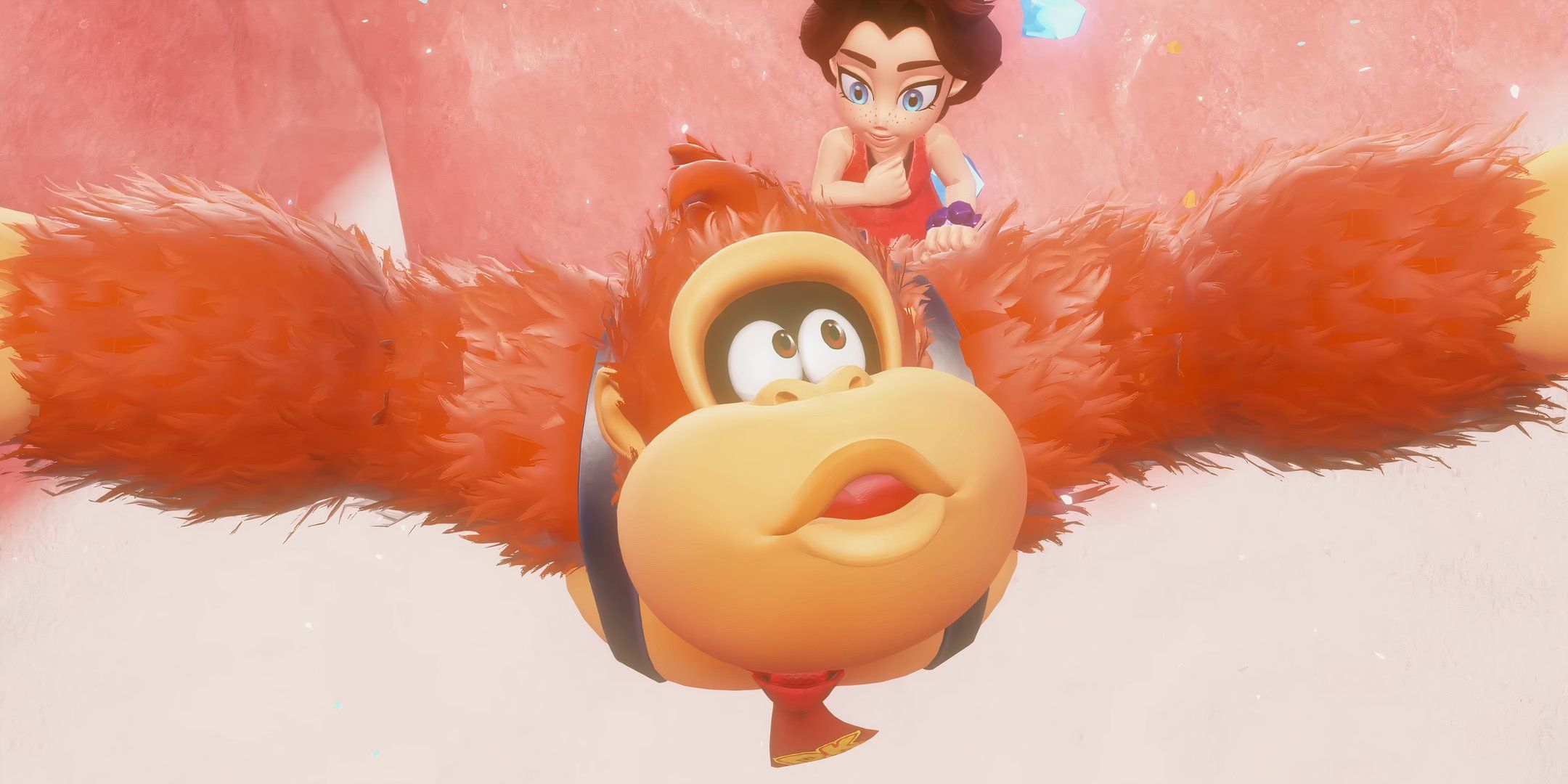 Donkey Kong falling through the sky, arms stretched, with pauline on his back.