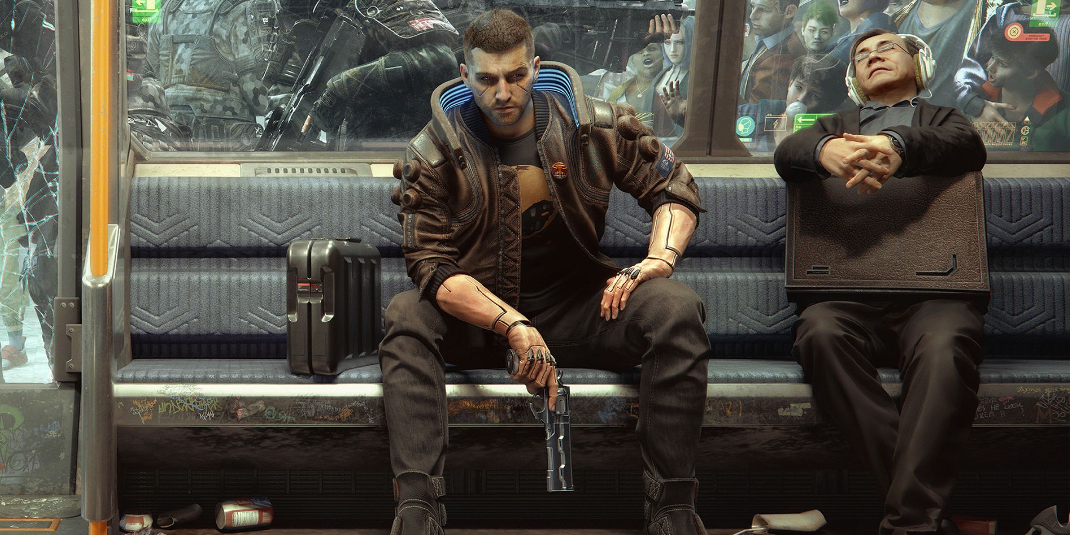 V sitting on the metro in Cyberpunk 2077.