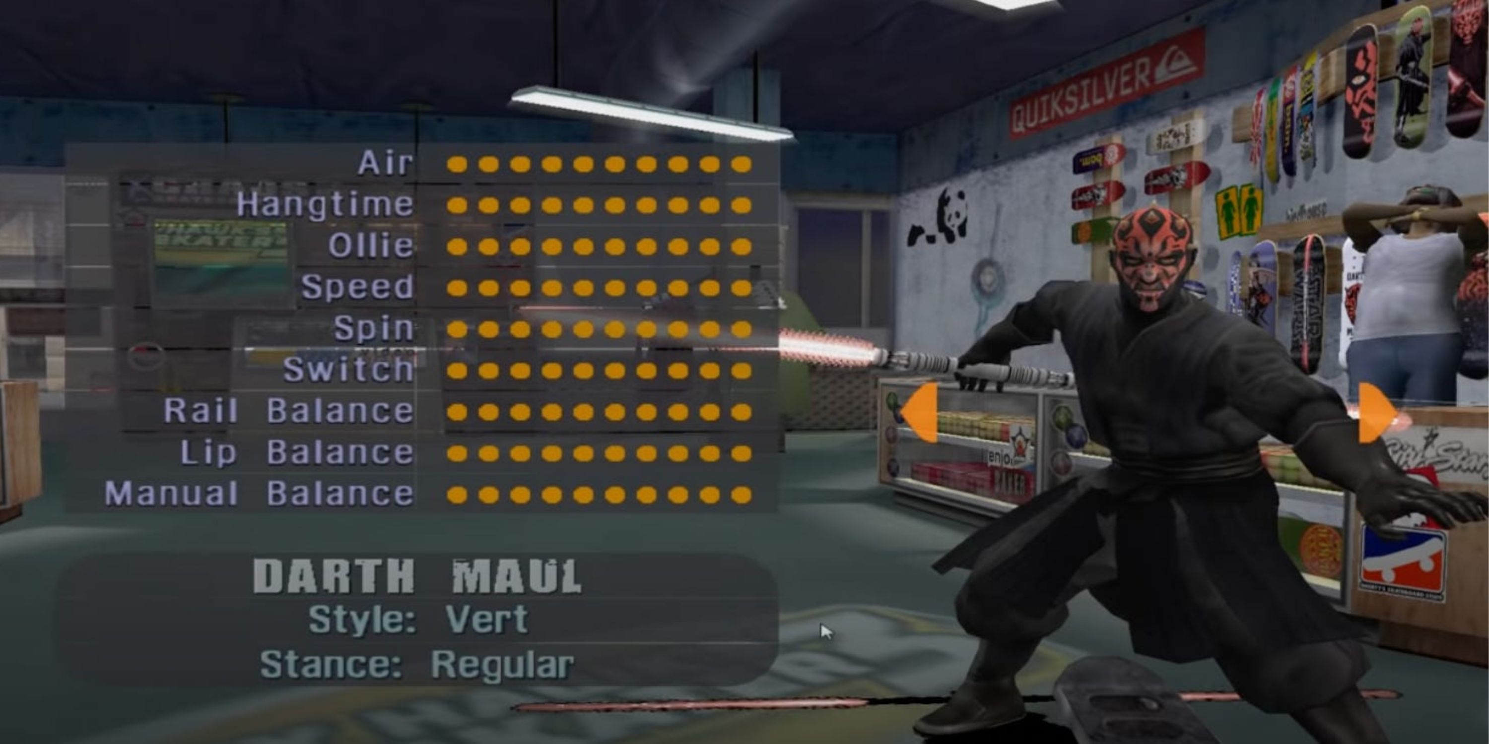 Darth Maul stands in a skate shop beside his stats in Tony Hawk's Pro Skater 3.