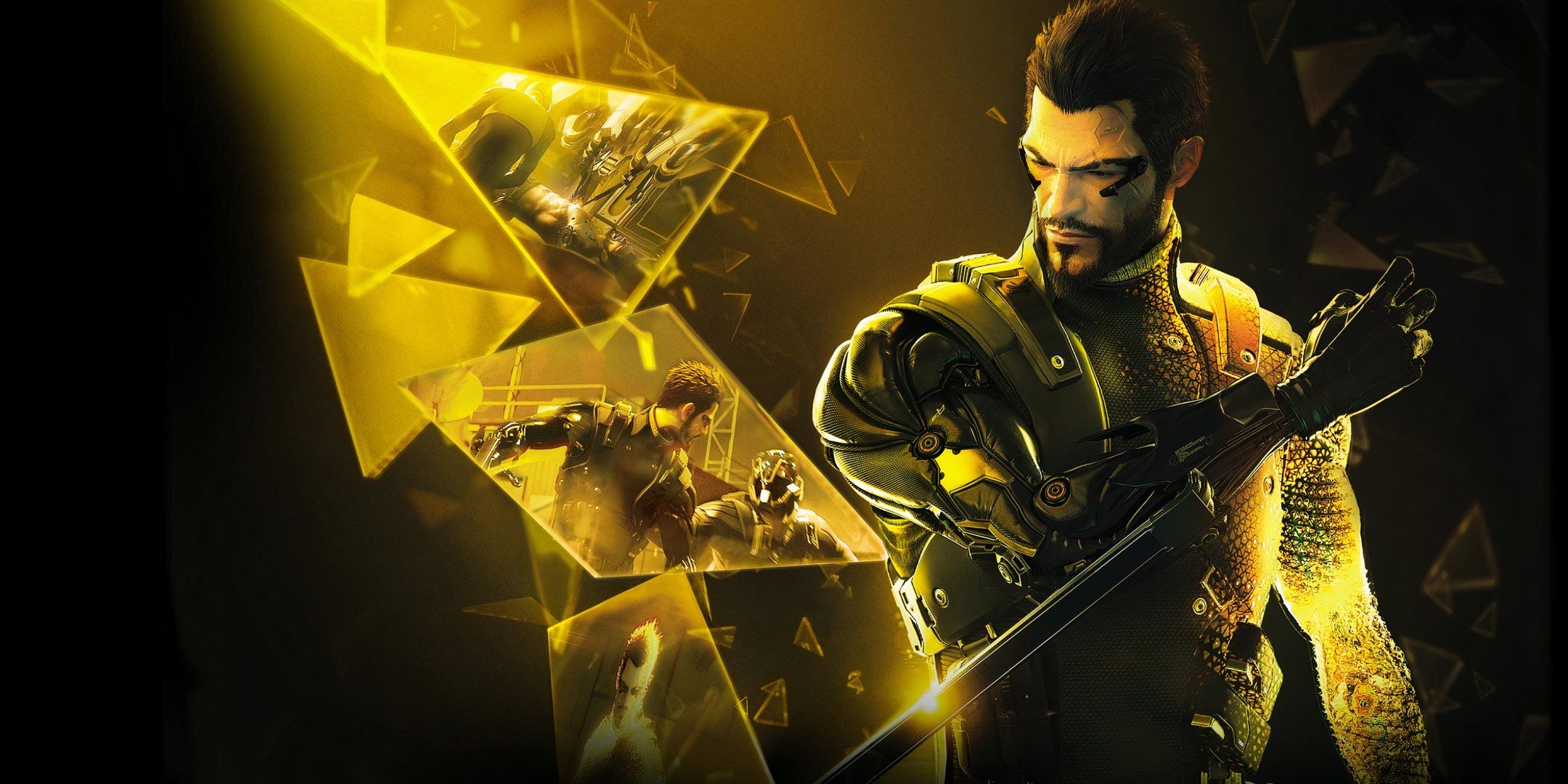 Protagonist Adam Jensen is on the right side of the screen while looking at several choices against a dark yellow backdrop from Deus Ex: Human Revolution.