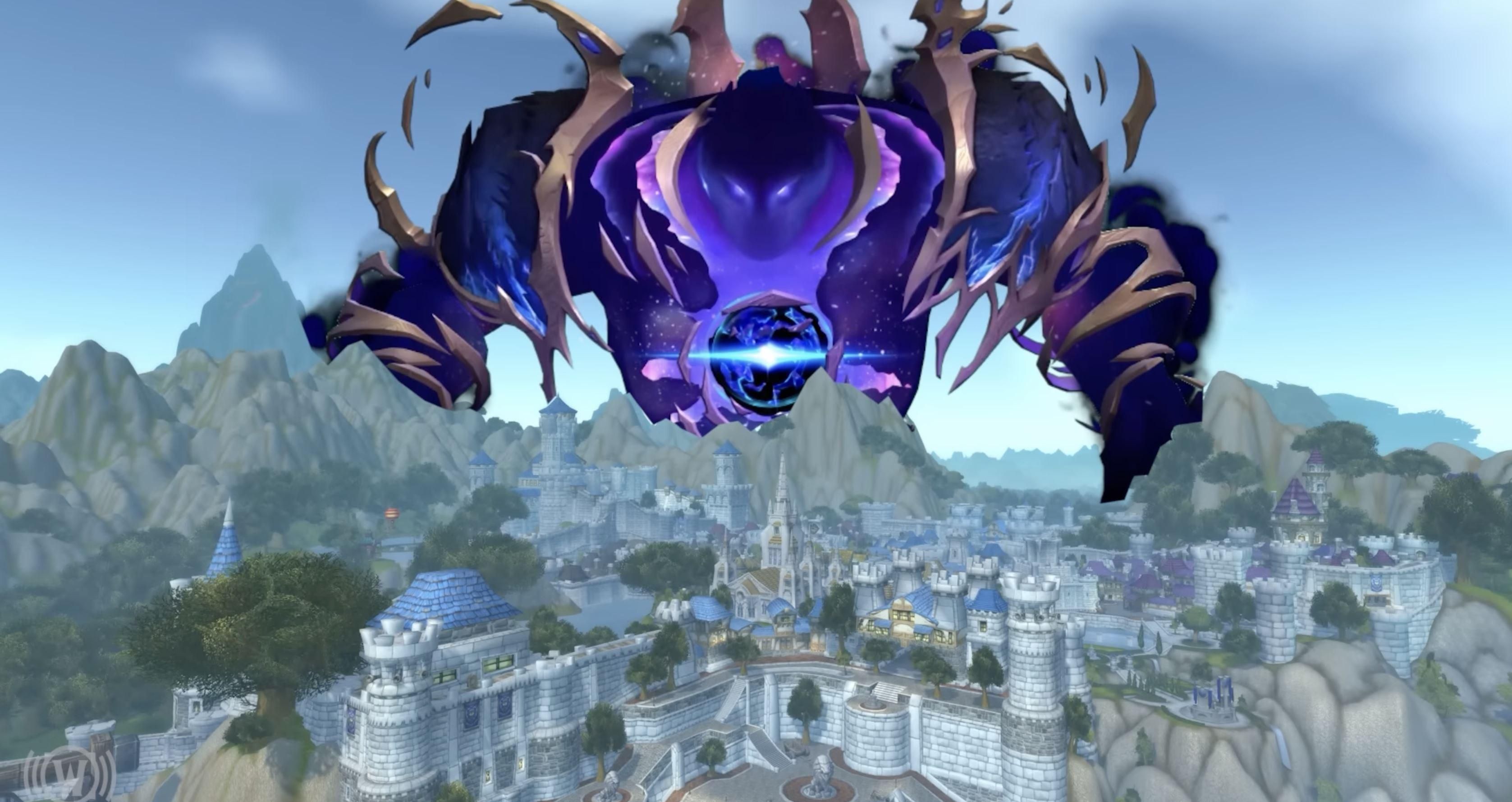 A screenshot of Lord Dimensius hovering above the Alliance capital of Stormwind in World of Warcraft.