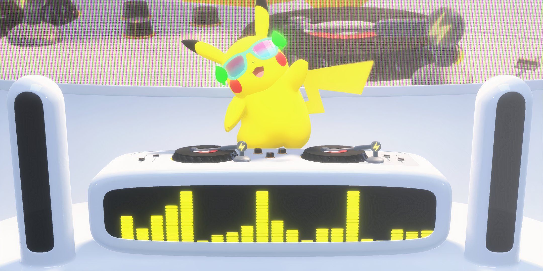 DJ Pikachu standing atop a sound system in preparation for Pokemon Presents.