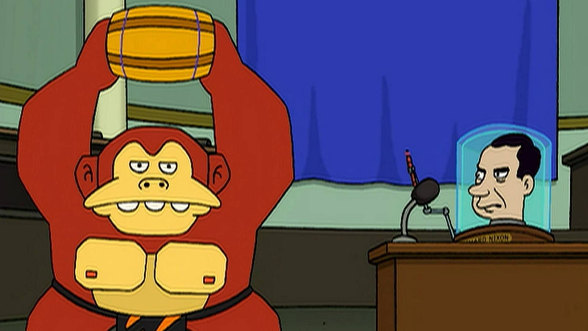 Donkey Kong appears beside the head of Richard Nixon in Futurama.