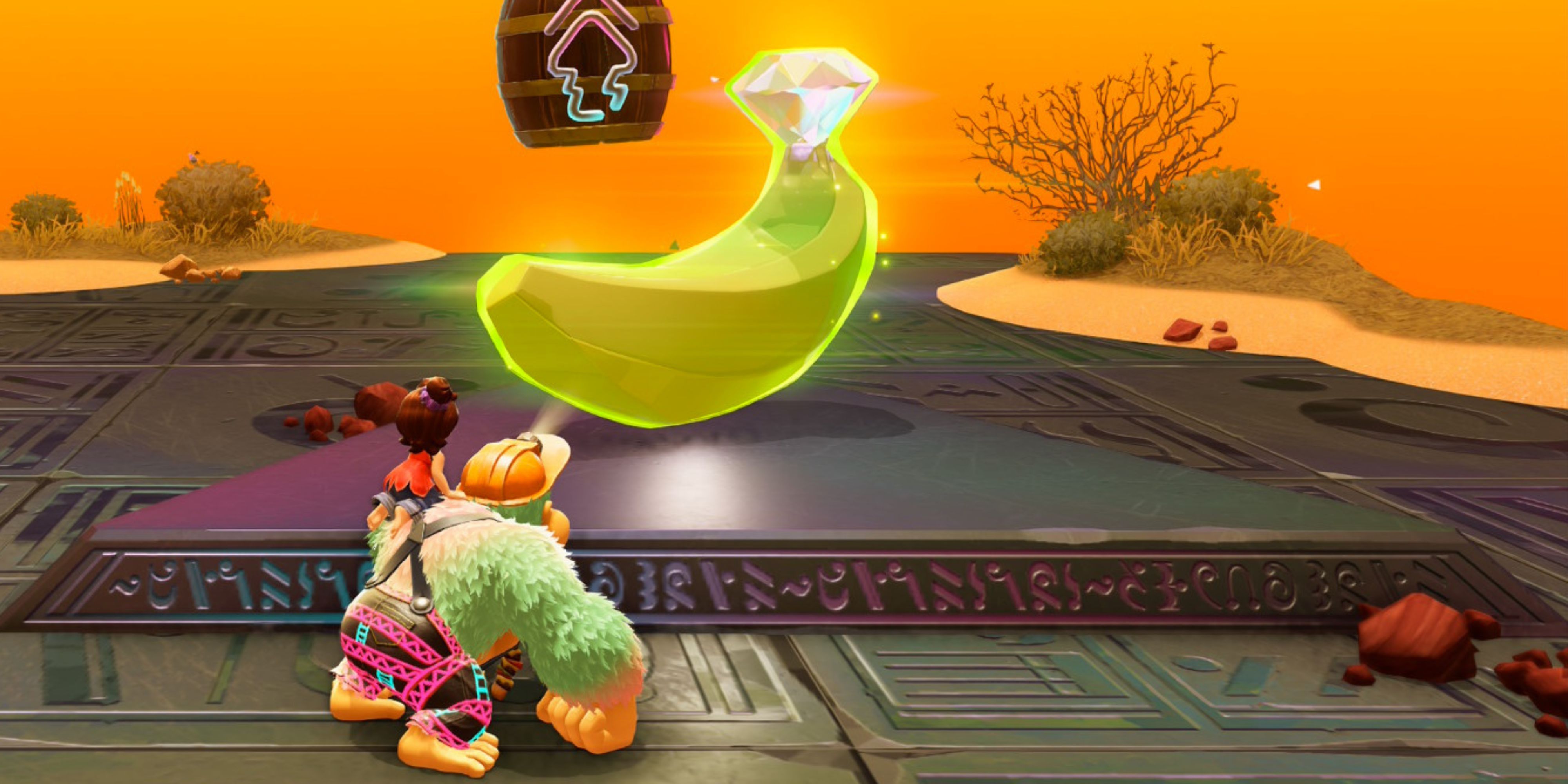 Donkey Kong looking at the Bananadium Gem at the end of Thorny Blast Cave in Bananza