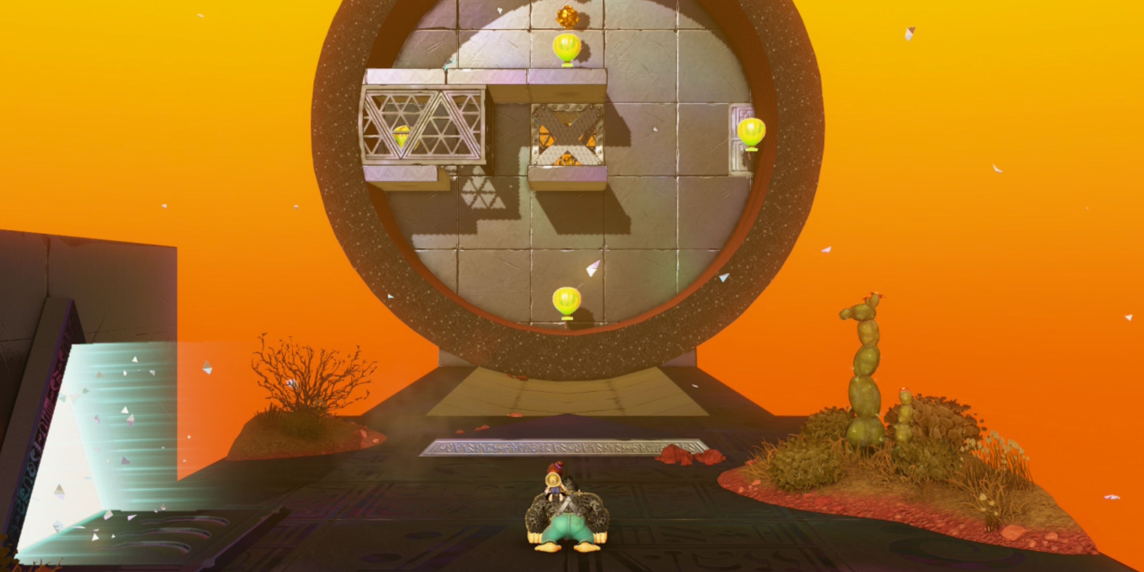 Donkey Kong looking at the big wheel in Donkey Kong Bananza