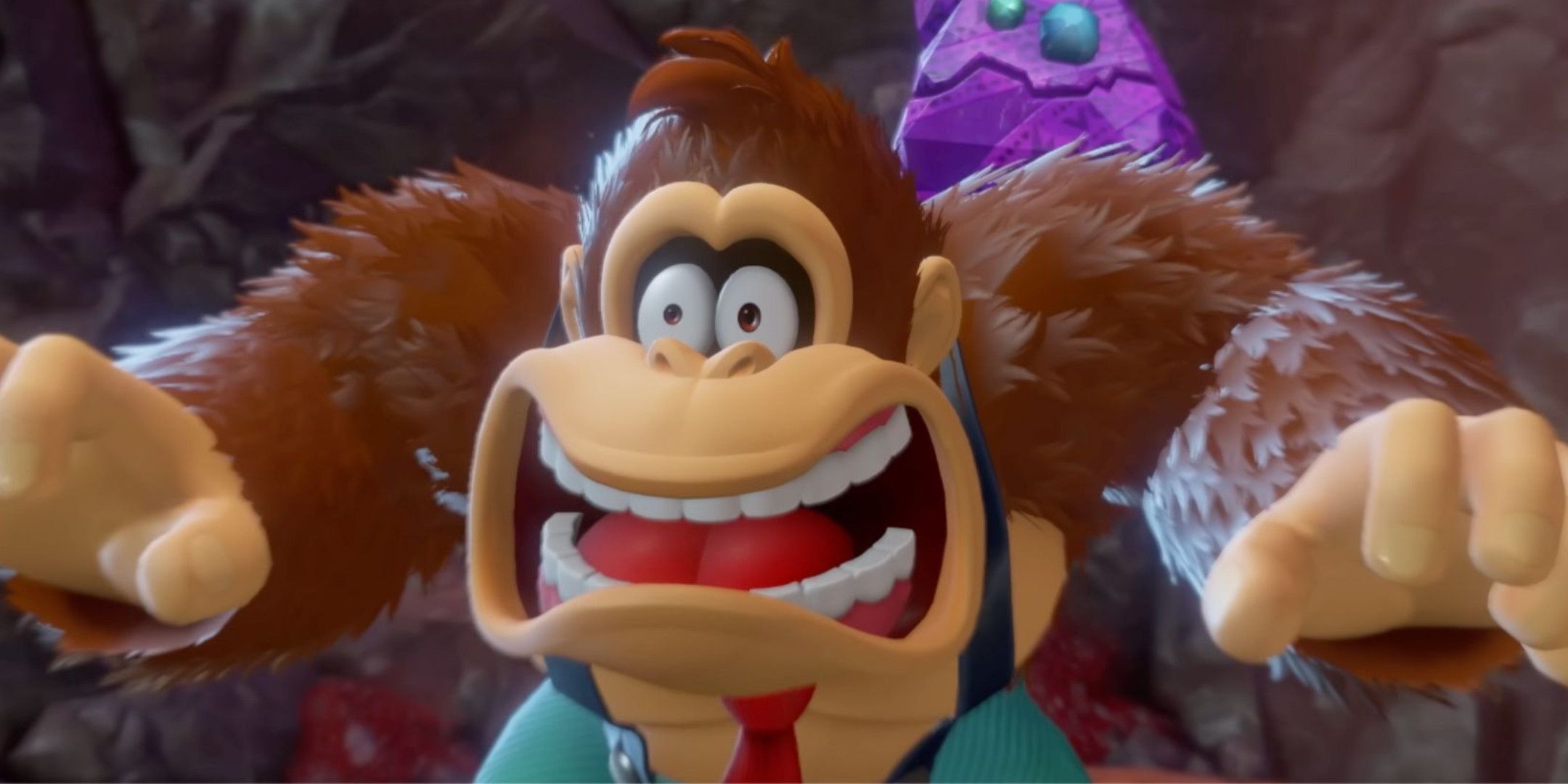 Donkey kong looking shocked with a purple rock on his back.