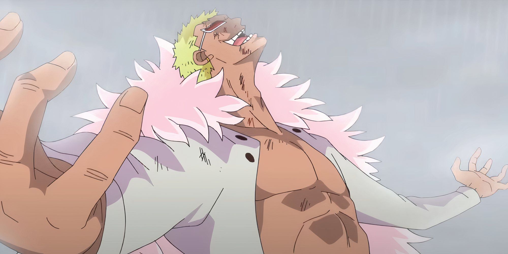 The infamous Donquixote Doflamingo from the One Piece anime laughing.