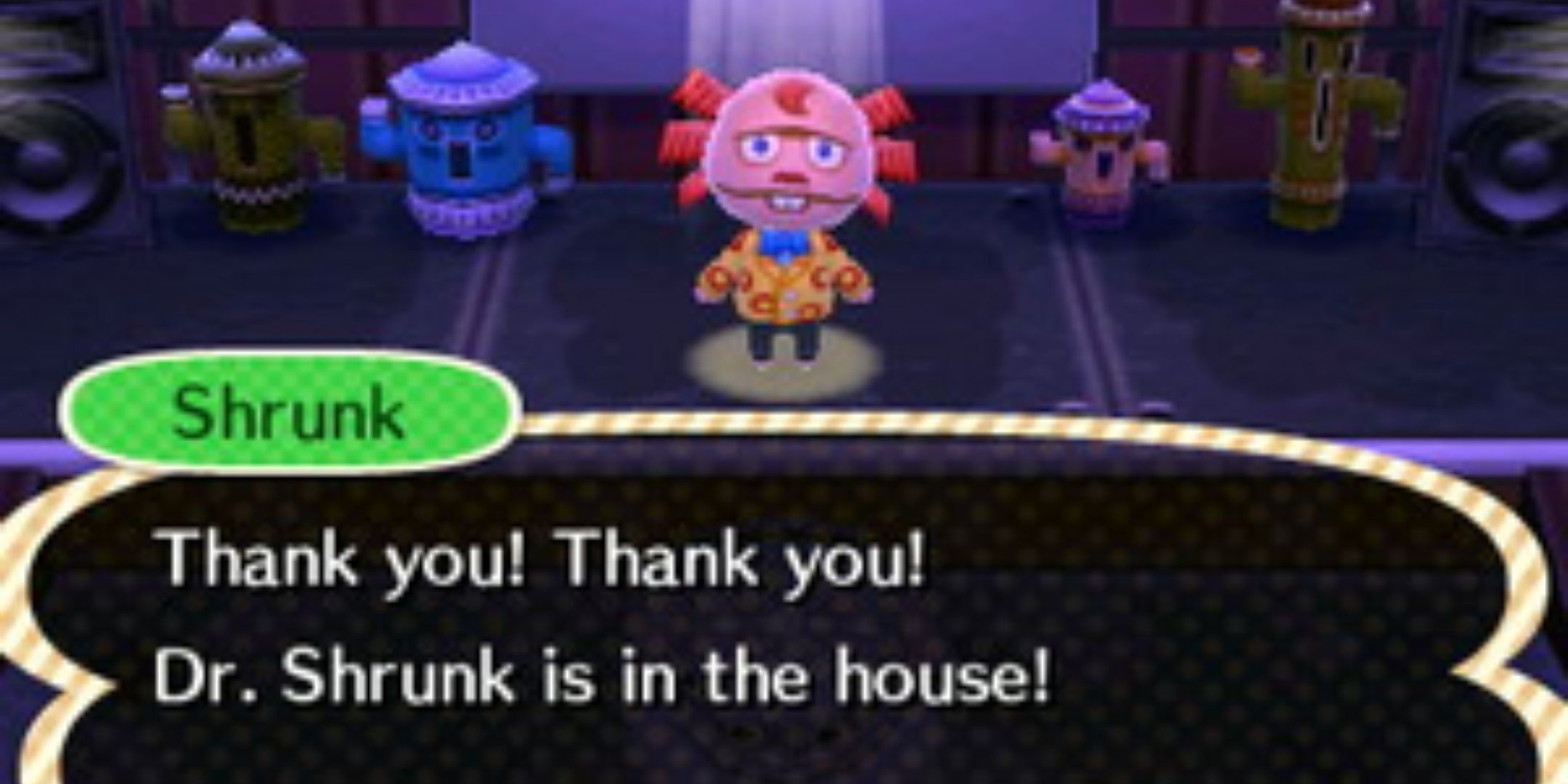Dr Shrunk on stage in Club LOL in Animal Crossing New Leaf.