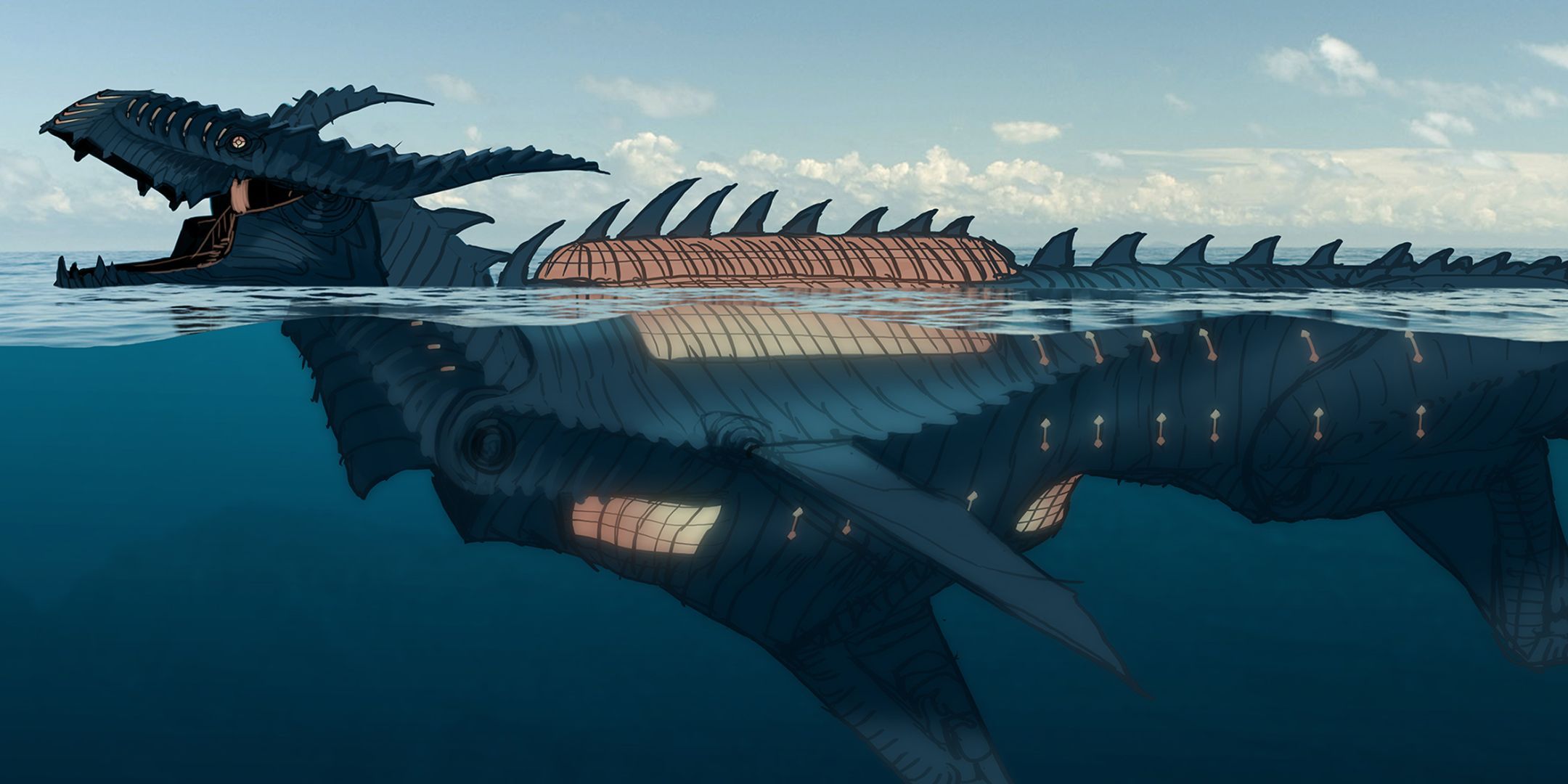 Concept art for Dragon Age: The Veilguard, showing a dragon-shaped submarine emerging from the ocean.