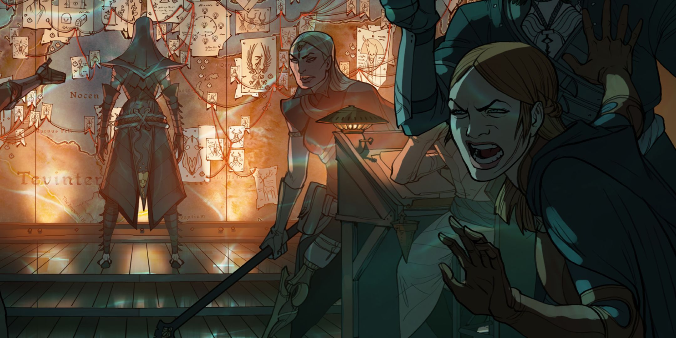 Concept art for Dragon Age: The Veilguard, showing characters arguing with each other with a large map in the background. The map has several pins and string attached, suggesting the characters are investigating leads.