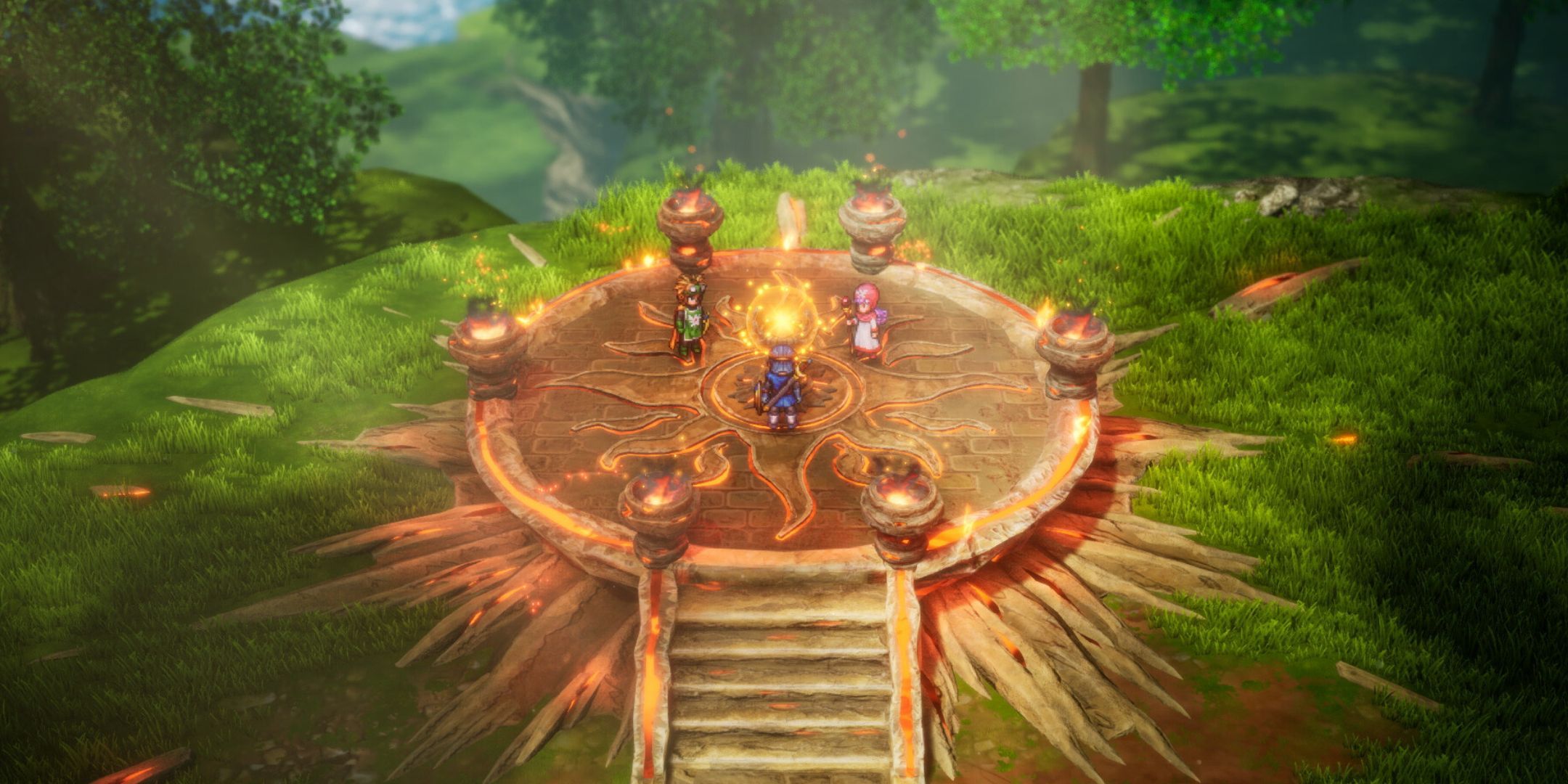 A screenshot from Dragon Quest 1 & 2 HD-2D Remake, showing pixel art characters. They are gathered on a circular altar on the ground, which is in a forest setting.