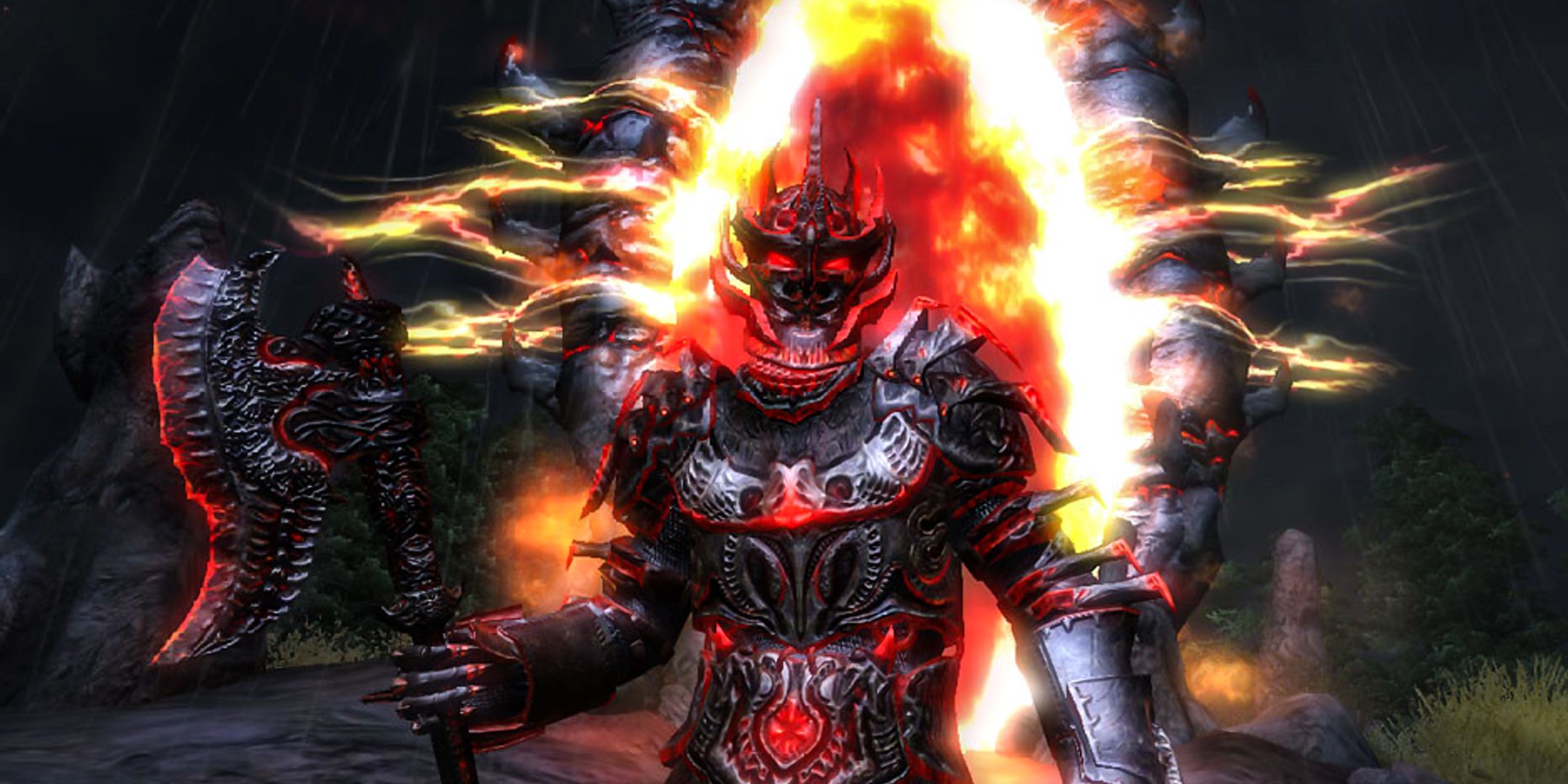 Dremora coming out of an Oblivion gate while wielding an axe.