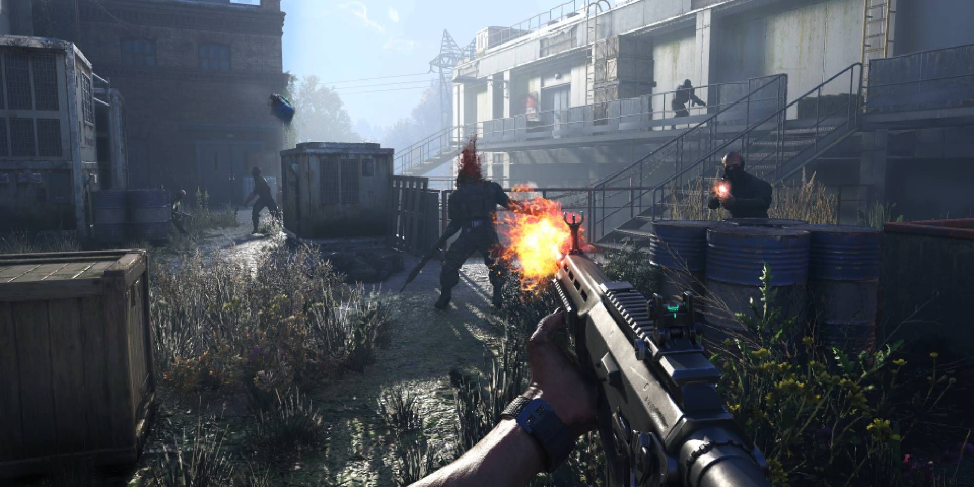 Dying Light The Beast Shooting Zombies Next To A Building.