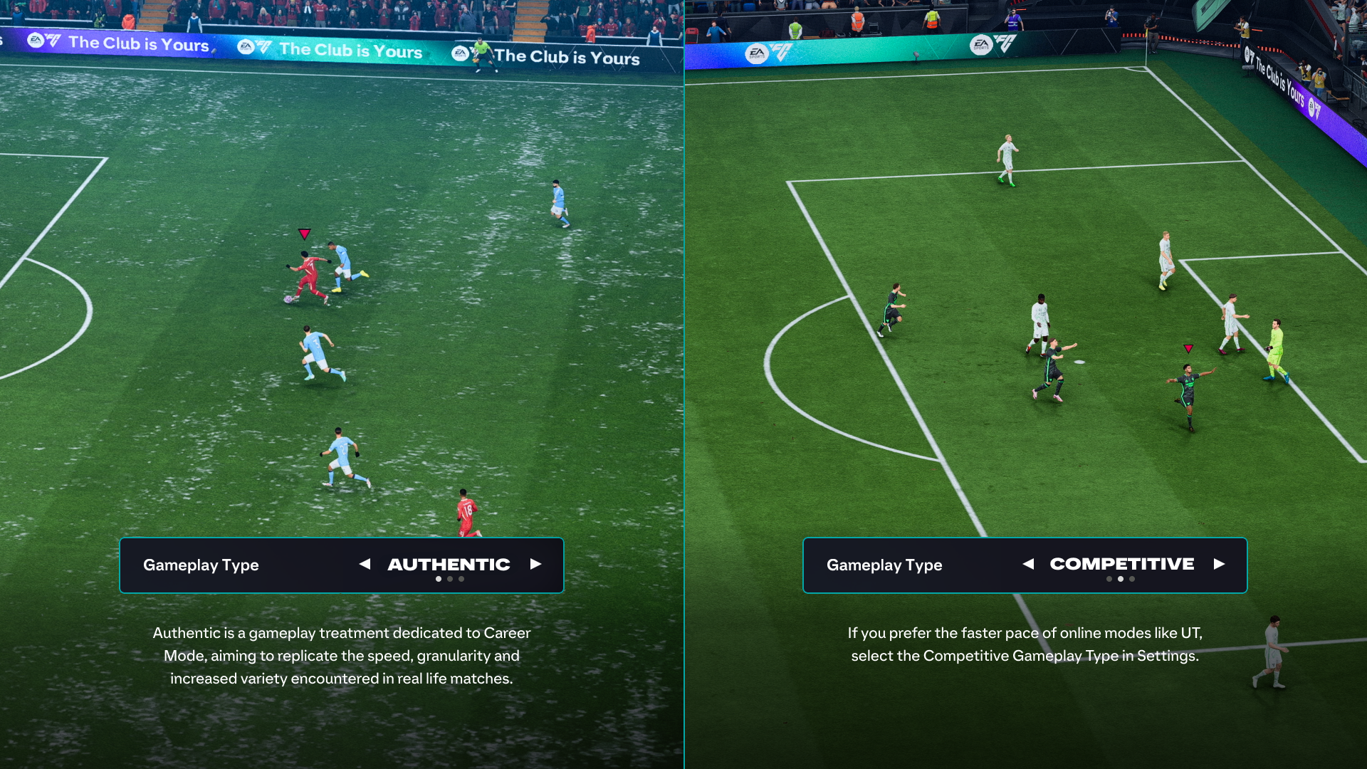 EA FC 26 competitive vs authentic gameplay shown side by side