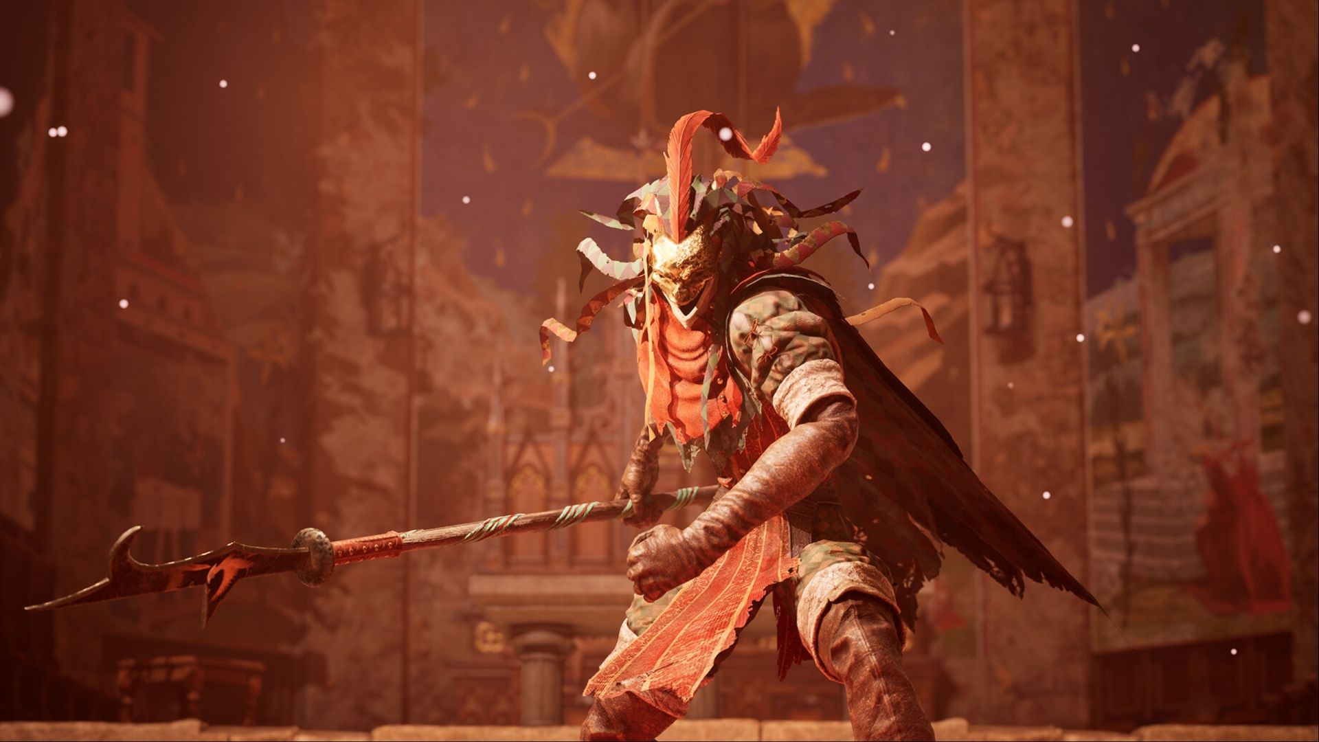 Curtis: Prince of Laughter squaring off against the main protagonist with his spear drawn in Enotria: The Last Song.