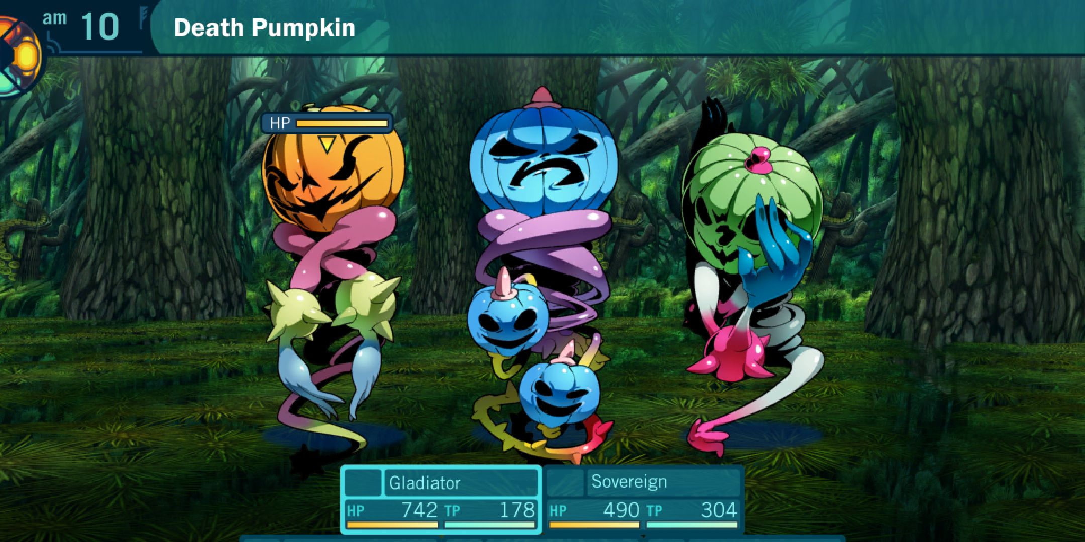 Etrian Odyssey HD battle with Death Pumpkin.