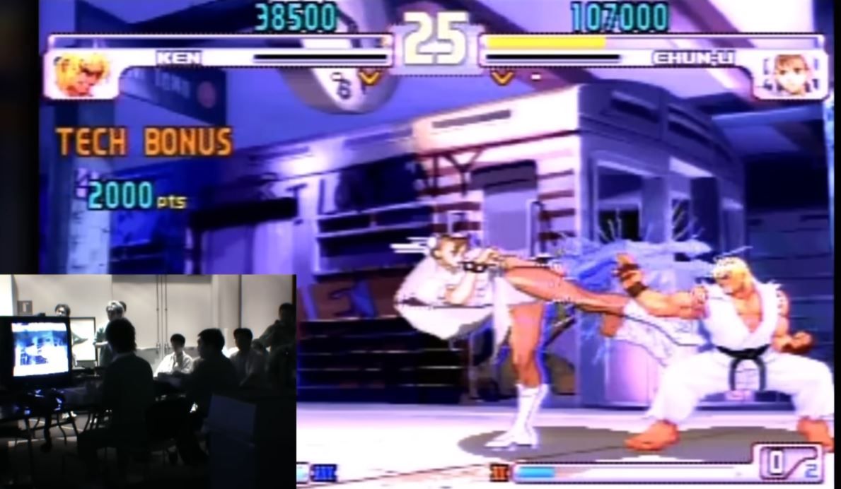 A still shot from EVO 2004, in which Justin Wong and Diago Umehara squared off in the most infamous fighting game tournament moment of all time.