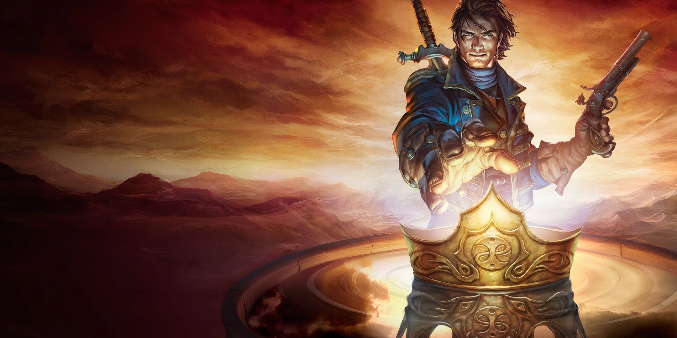 The protagonist reaches for the crown while holding a gun and a sword on his back in Fable 3.