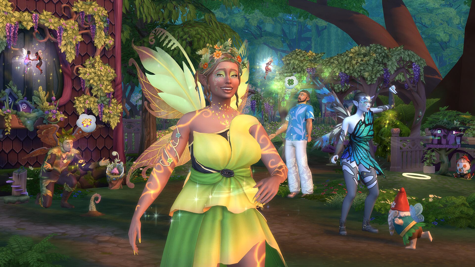 Fairies in different outfits all dancing with a gnome in enchanted by nature dlc.