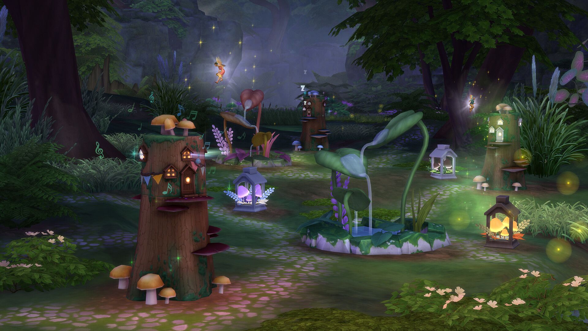 Fairy house, fountain and lantern all along a path in Enchanted Nature DLC.