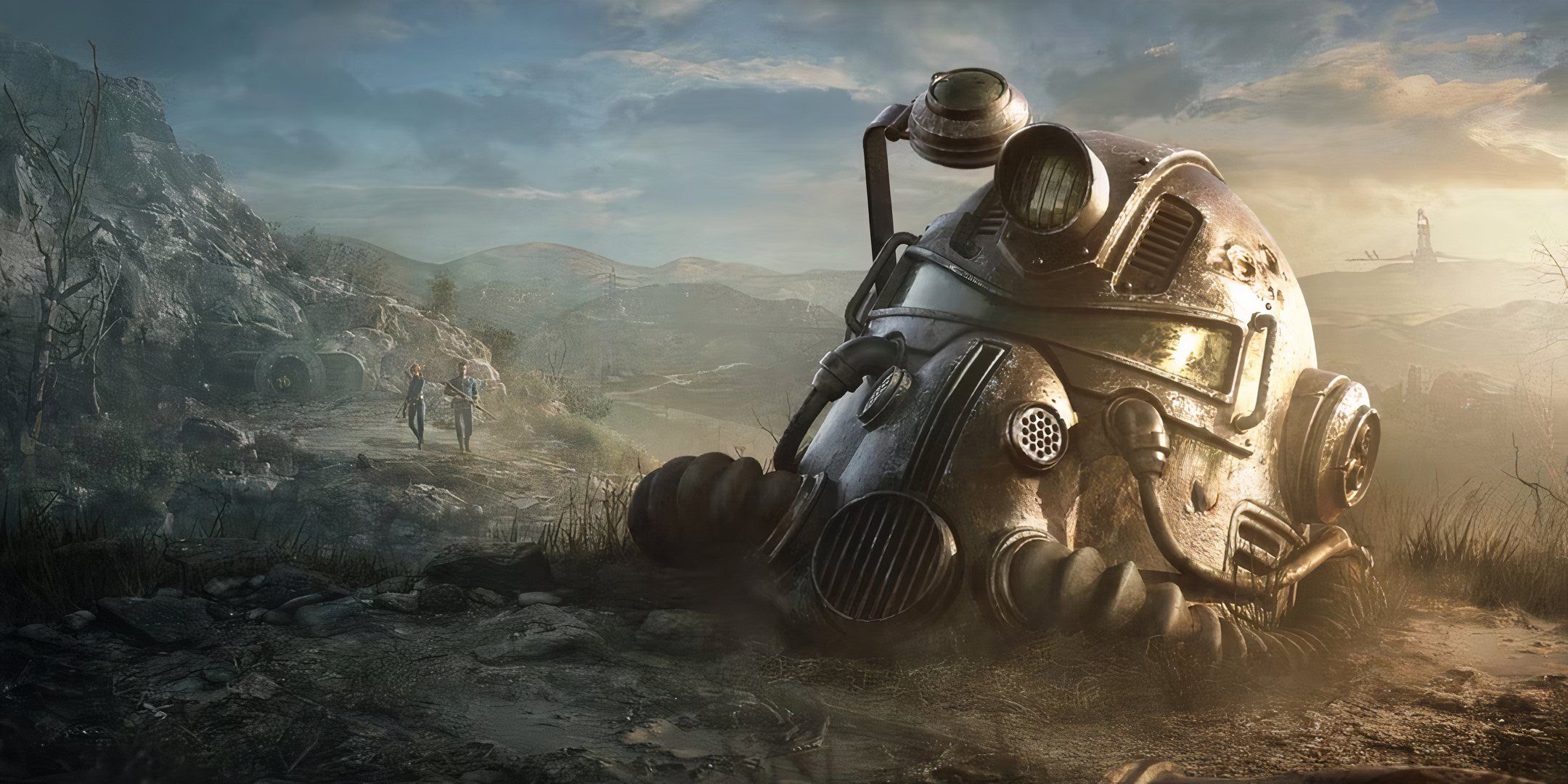 A close up of a helmet with two survivors walking in the background in the mountains from Fallout 4.