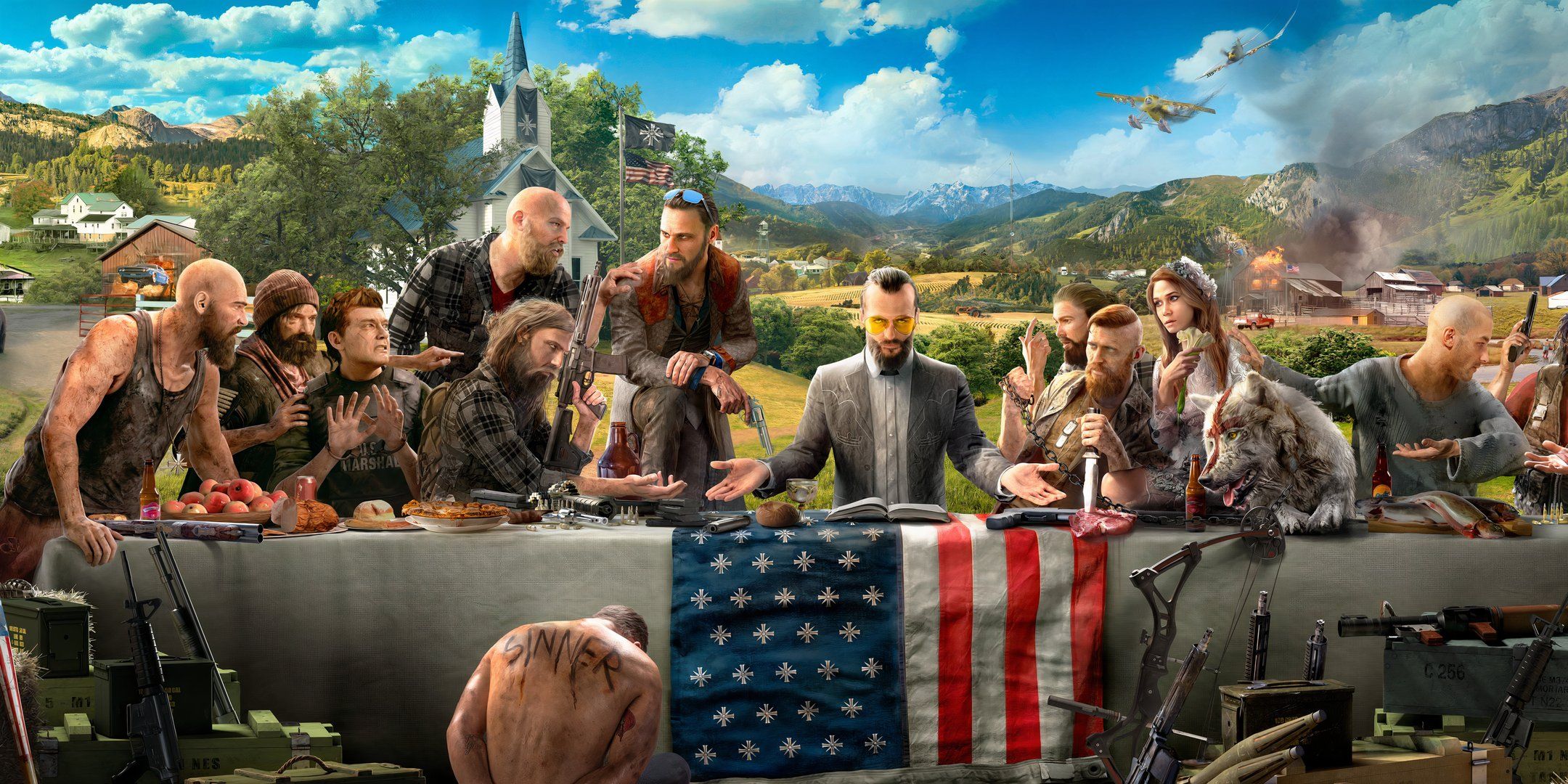 The Seed Family is gathered around a long table, with the American Flag in the center and two planes fly in the distance in Far Cry 5.