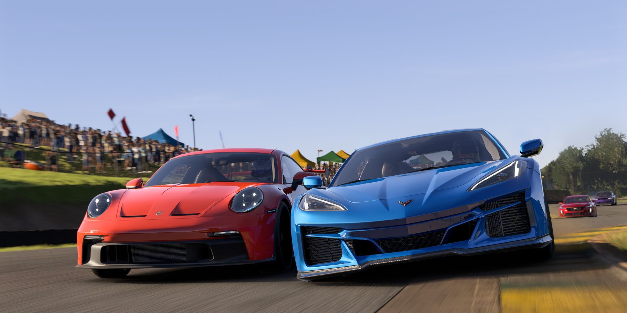 Two very fancy looking cars clashing in Forza Motorsport.