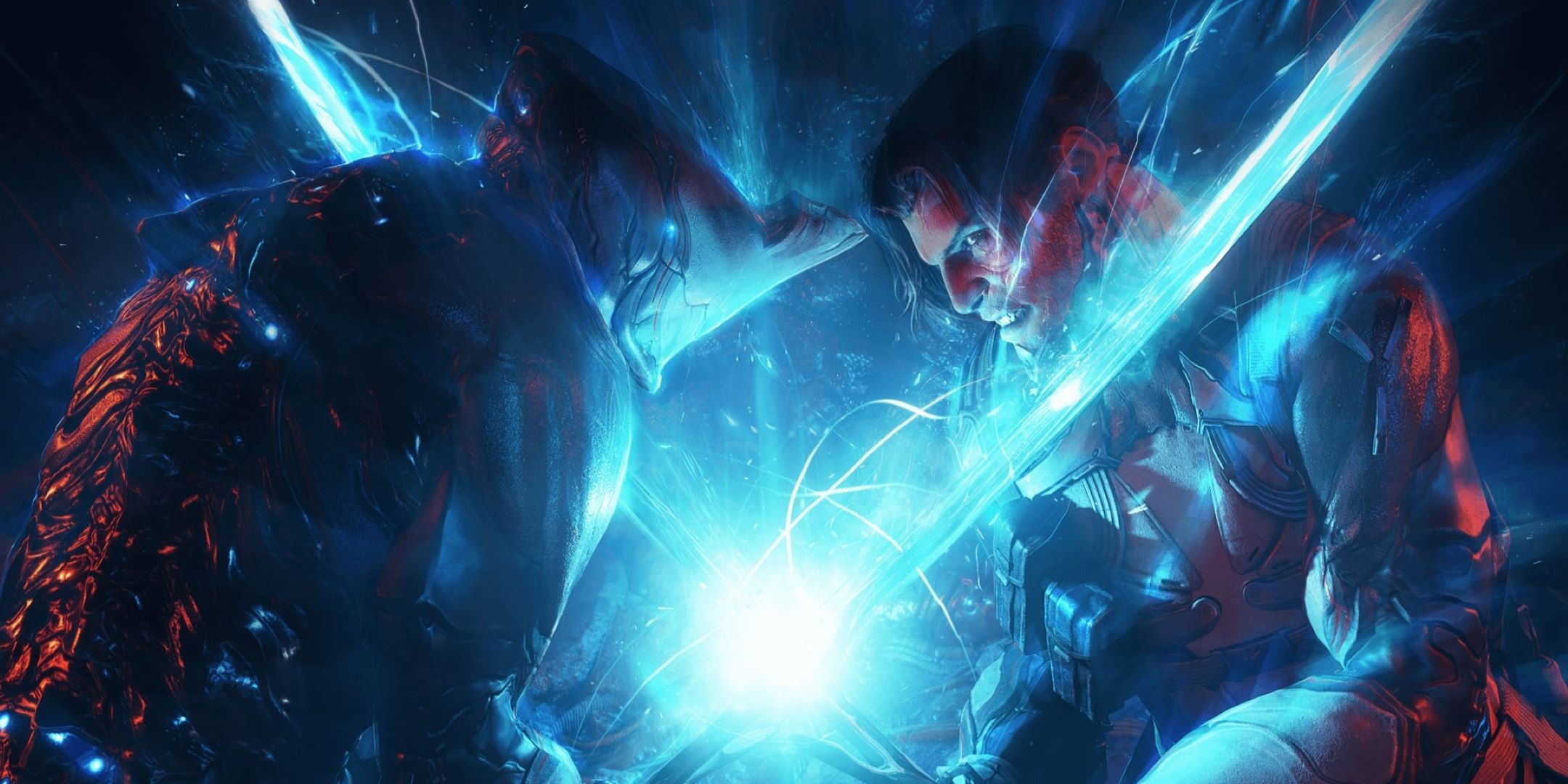 Two Warframe characters clashing