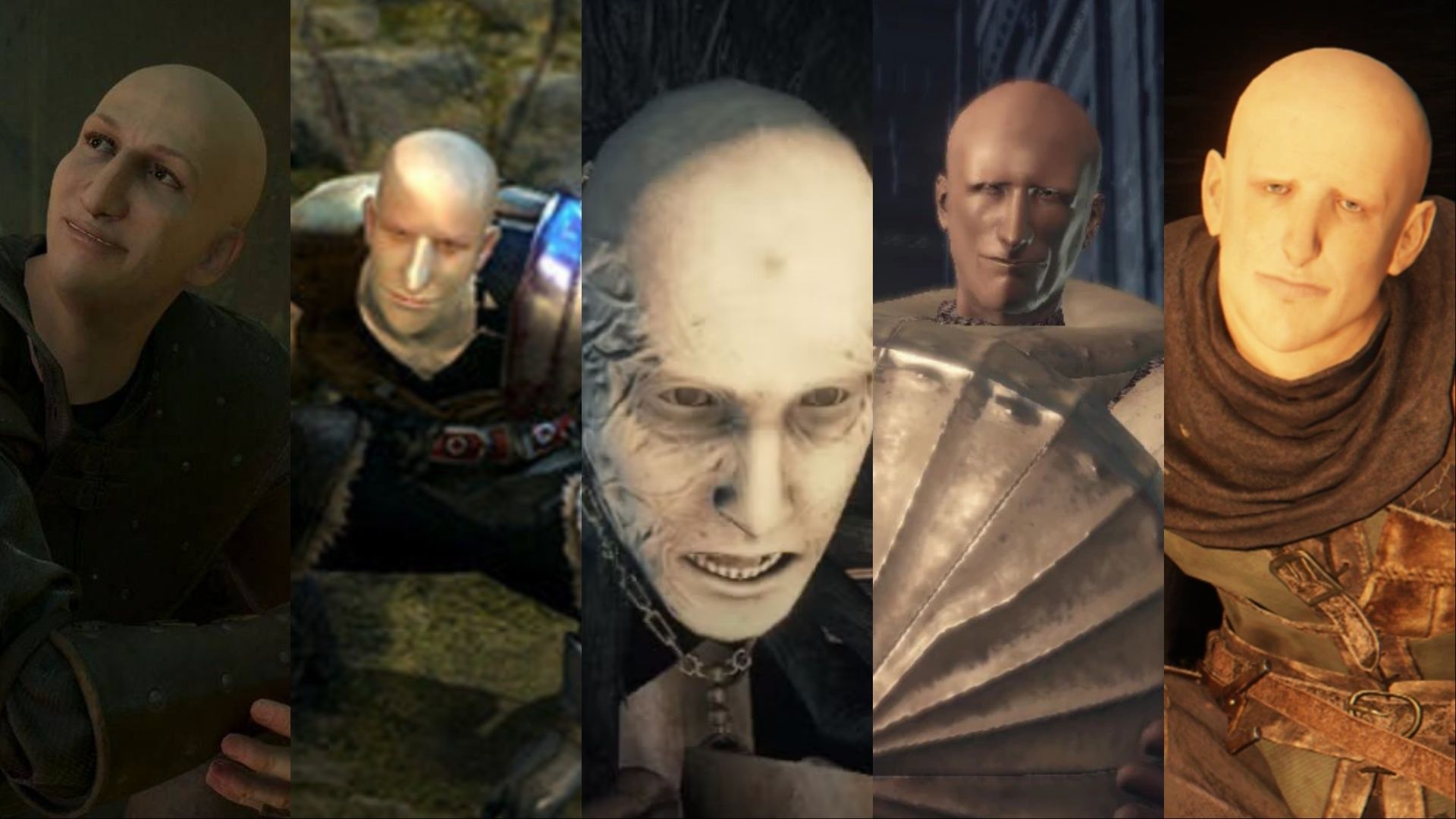 Every variation of Patches in the Soulsborne titles by FromSoftware (From Left to Right) Demon's Souls, Dark Souls, Bloodborne, Dark Souls 3, and Elden Ring.