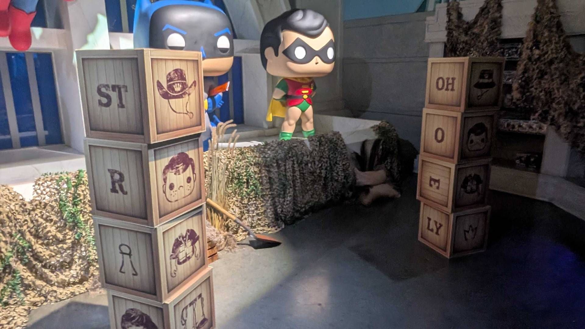 Funko Fundays Block Game Infront Of The Hall Of Justice.