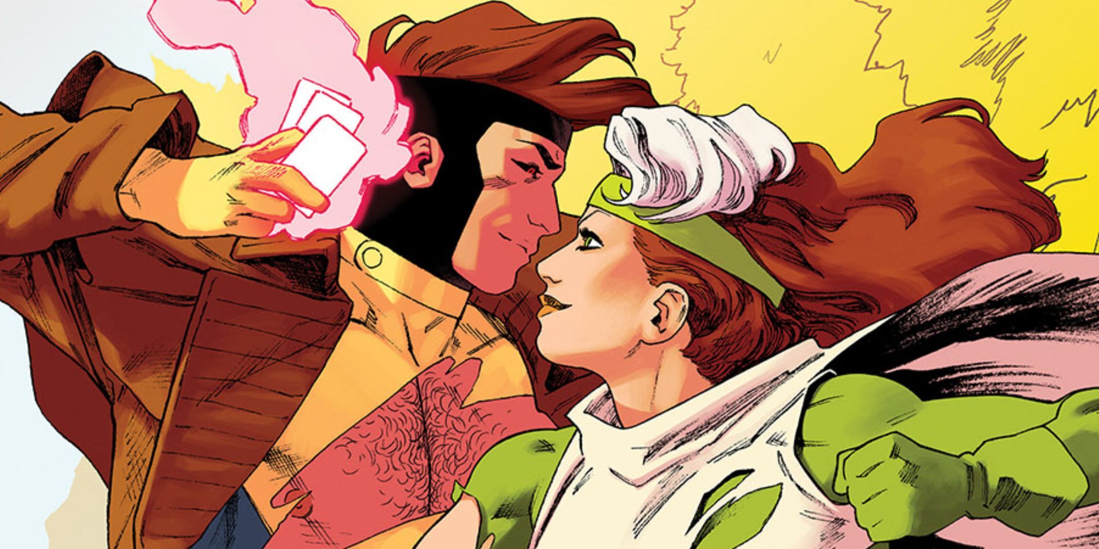 The Marvel characters Gambit and Rogue. They are staring at each other lovingly as they prepare to fight enemies.