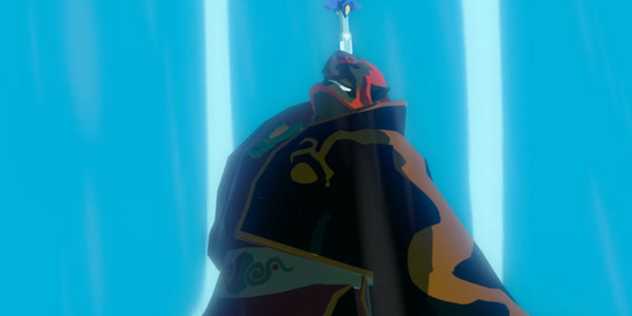 Ganondorf with the Master Sword in his head in The Legend of Zelda The Wind Waker.