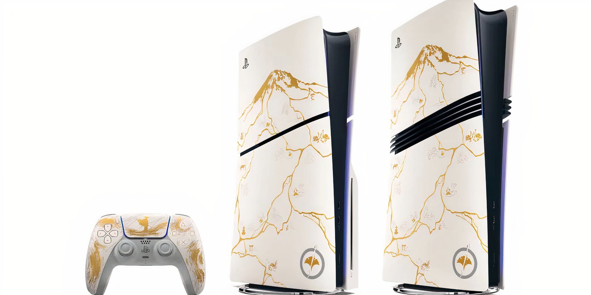 The custom PlayStation 5 for Ghost of Yotei next to the custom DualSense controller.