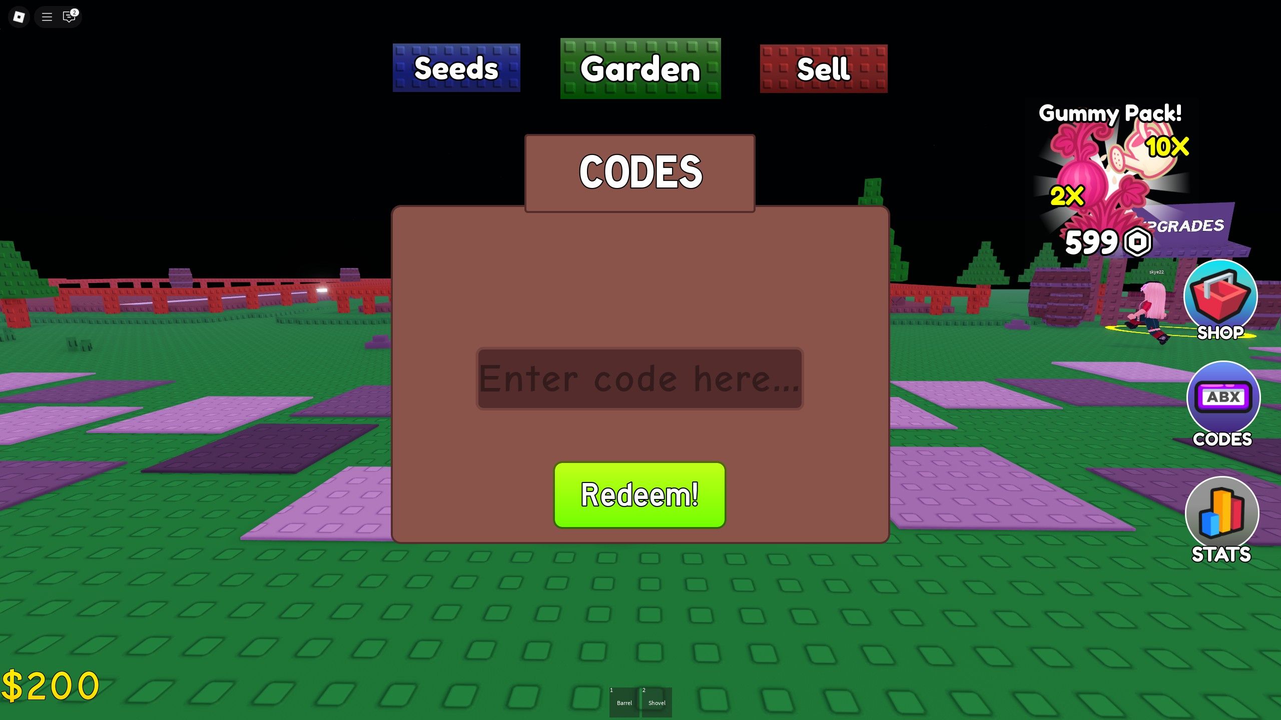 the codes box in Grow A Melon on Roblox