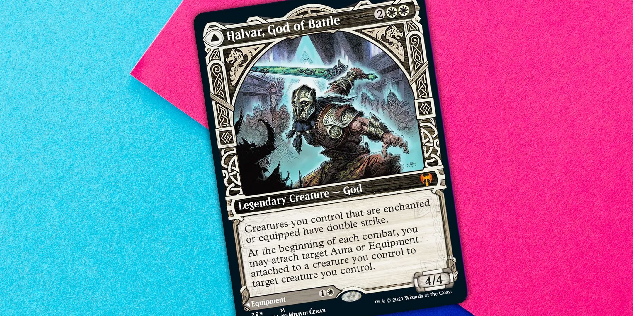 A Magic: The Gathering card of Halvar, God of Battle on a blue and pink background.