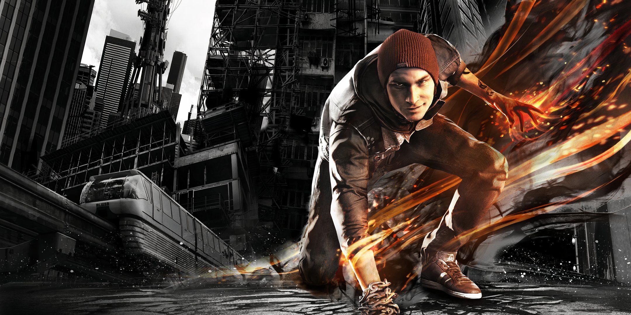 Protagonist Delsin Rowe smiles and punches the ground with a grey background of a city that looks to be destroyed in Infamous: Second Son