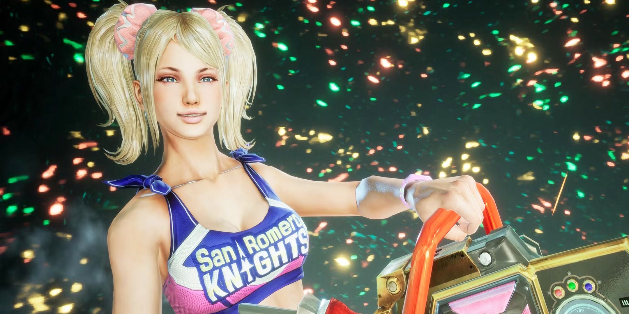 Juliet brandishing her chainsaw in Lollipop Chainsaw RePop.